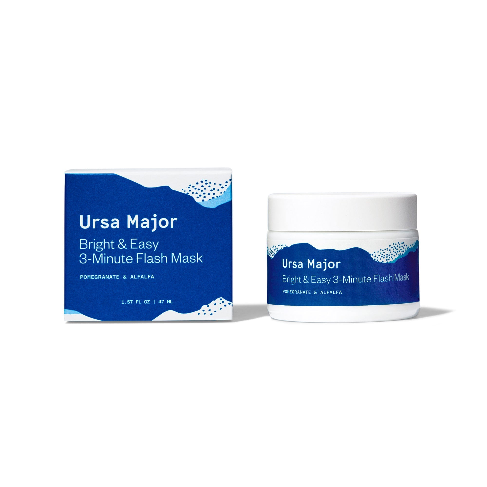 Box of Ursa Major Bright & Easy 3-Minute Flash Mask next to the jar of Bright & Easy 3-Minute Flash Mask. The jar is white with blue mountains on it.