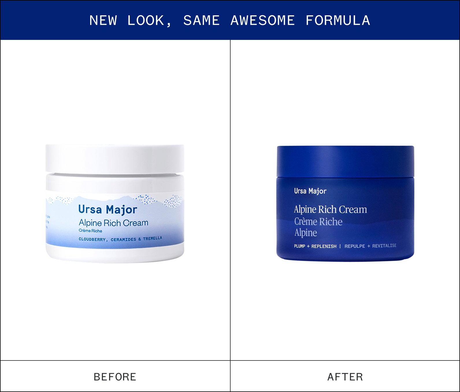 Infographic showing "New Look, Same Awesome formula" and two jars of Ursa Major Alpine Rich Cream, one labeled 'Before' and the other 'After', on a white background with blue accents.