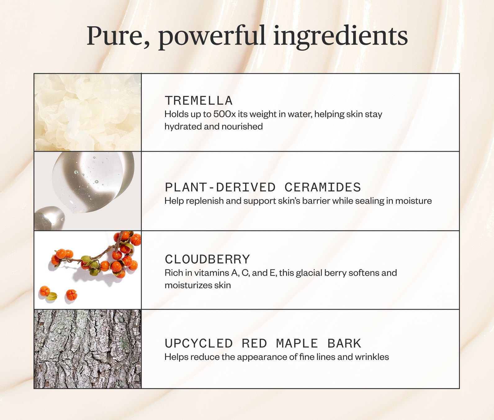 Pure, powerful ingredients listed, including: Tremella- Holds 500x its weight in water, helping skin stay hydrated and nourished; Plant-derived Ceramides- Help replenish and support skin's barrier while sealing in moisture; Cloudberry-Rich in Vitamins A,C, and E, this glacial berry softens and moisturizes skin; Upcycled Red Maple Bark- Helps reduce the appearance of fine lines and wrinkles