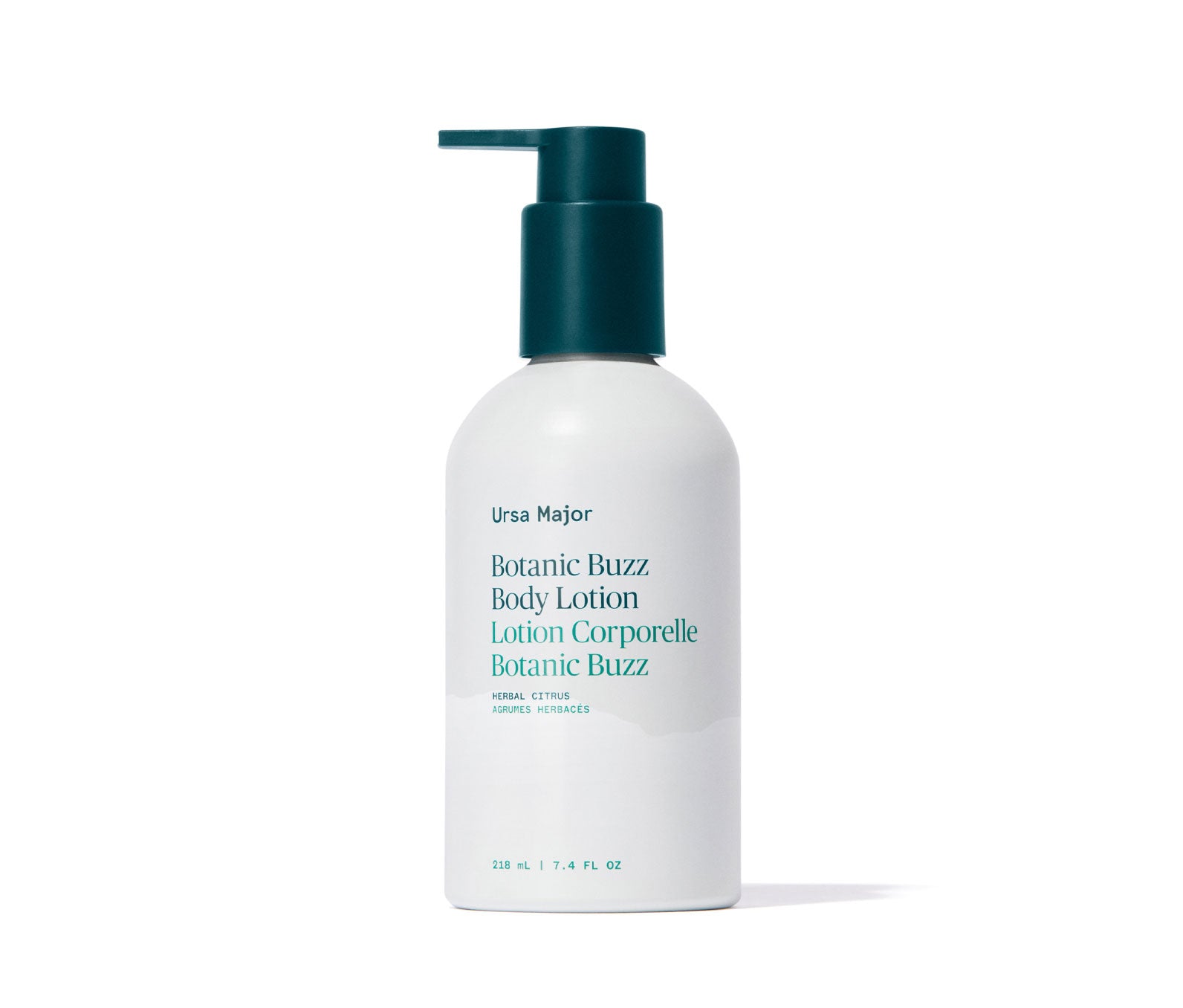 White Ursa Major Botanic Buzz Body Lotion bottle with green pump on a white background