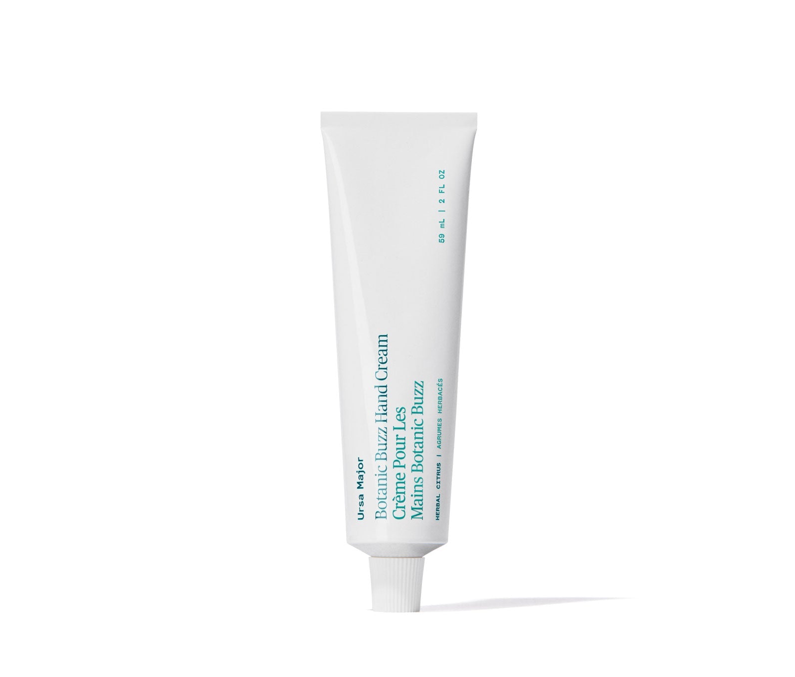White aluminum tube of Ursa Major Botanic Buzz Hand Cream tube on a white background