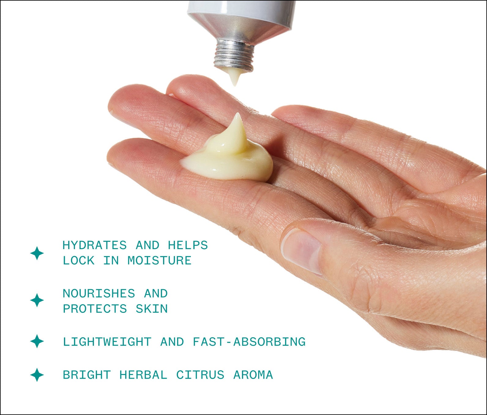 Hand applying Hand Cream on a white background with product description text , including: Hydrates and helps lock in moisture; Nourishes and protects skin; Lightweight and fast-absorbing; Bright herbal citrus aroma