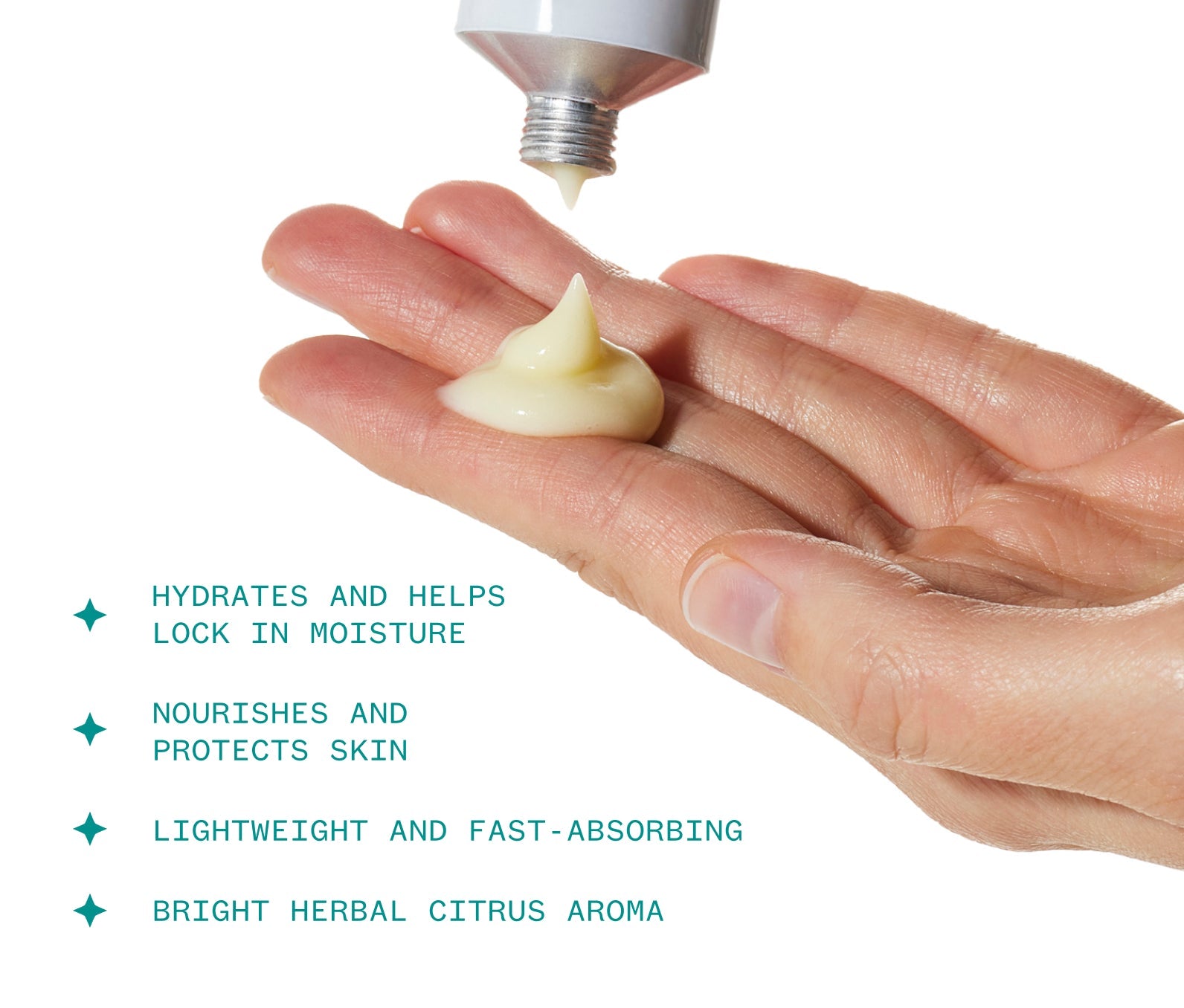 Hand applying Hand Cream on a white background with product description text , including: Hydrates and helps lock in moisture; Nourishes and protects skin; Lightweight and fast-absorbing; Bright herbal citrus aroma