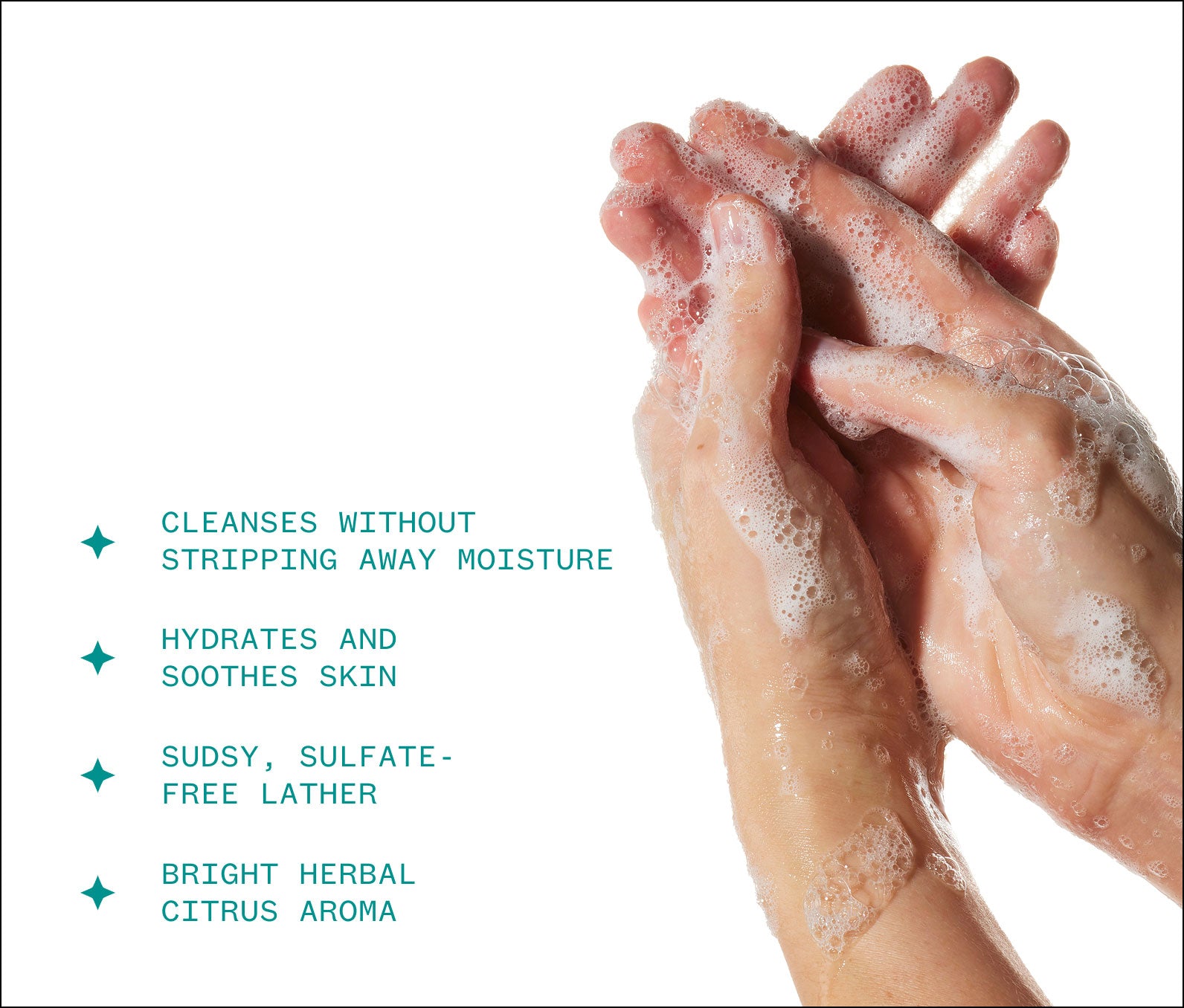 Hands being washed with sudsing Botanic Buzz Hand Wash on a white background, with product highlights, including: Cleanses without stripping away moisture; Hydrates and soothes skin; Sudsy, sulfate-free lather; Bright herbal citrus aroma