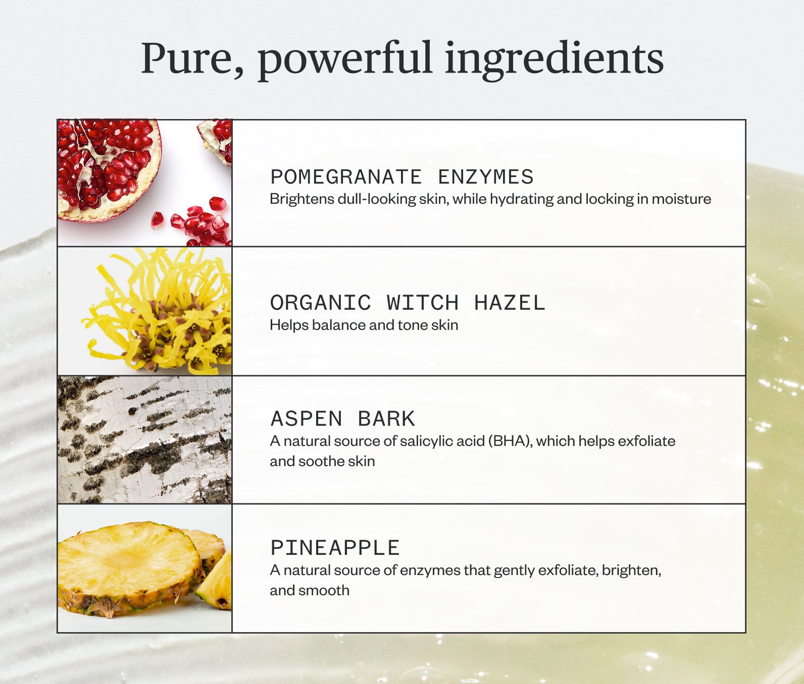 Pure, powerful ingredients listed, including: Pomegranate Enzymes- Brighten dull-looking skin, while hydrating and locking in moisture; Organic Witch Hazel- Helps balance and tone skin; Aspen Bark- A natural source of salicylic acid (BHA), which helps exfoliate and soothe skin; Pineapple- A natural source of enzymes that gently exfoliate, brighten, and smooth