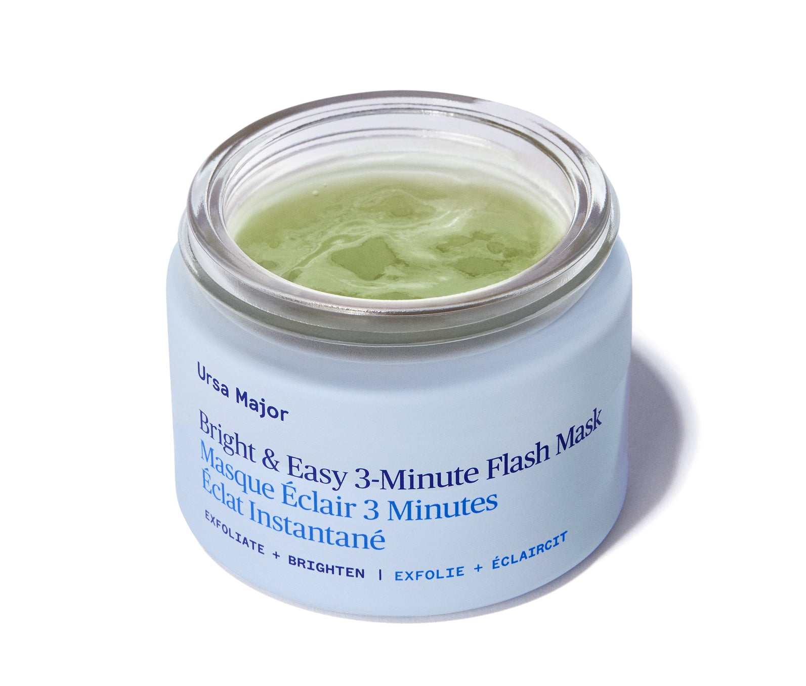 Opened jar of Ursa Major Bright & Easy 3-Minute Flash Mask showing light-green product contents on a white background