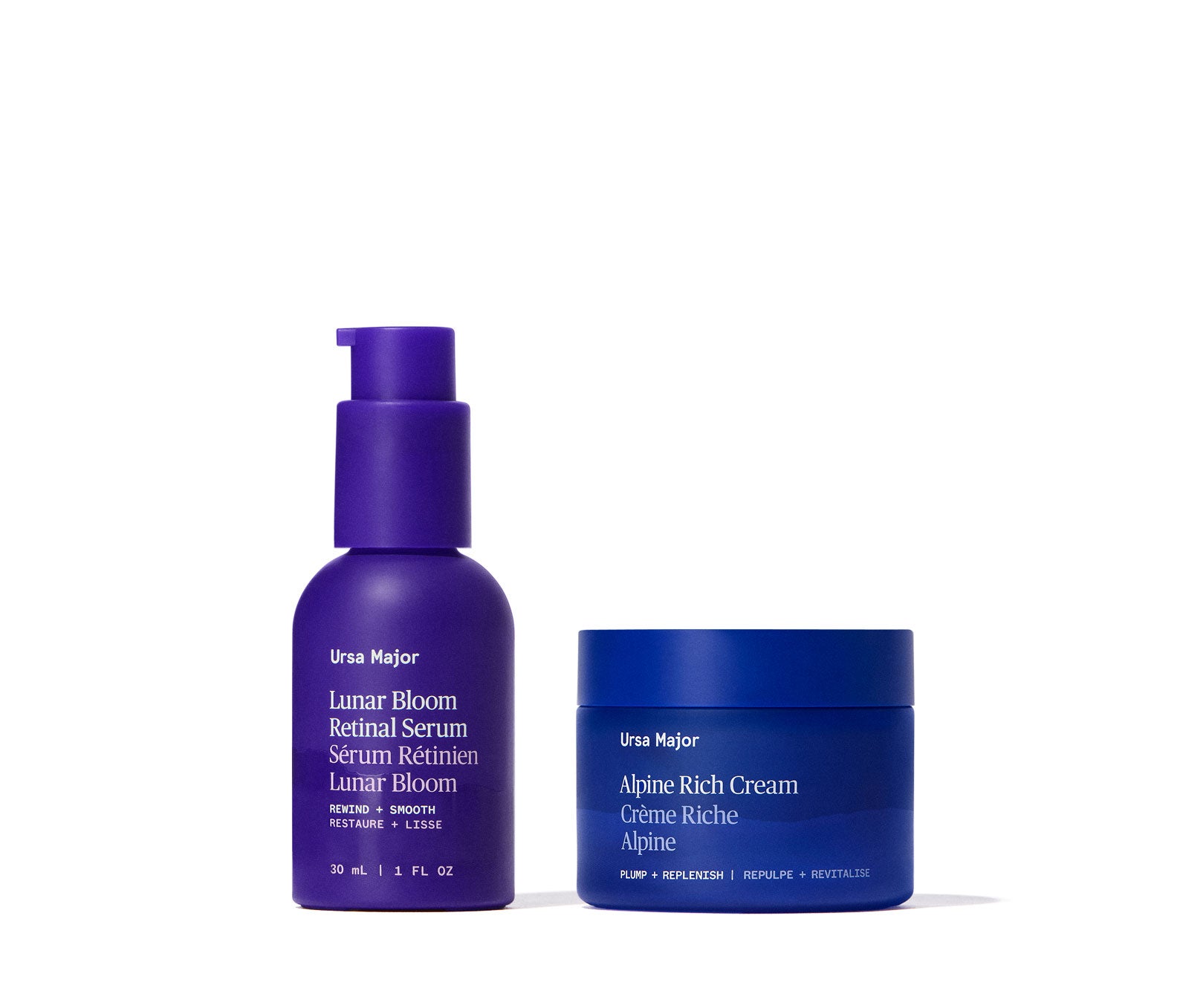 Purple bottle of Ursa Major Lunar Bloom Retinal Serum next to blue jar of Alpine Rich Cream on a white background