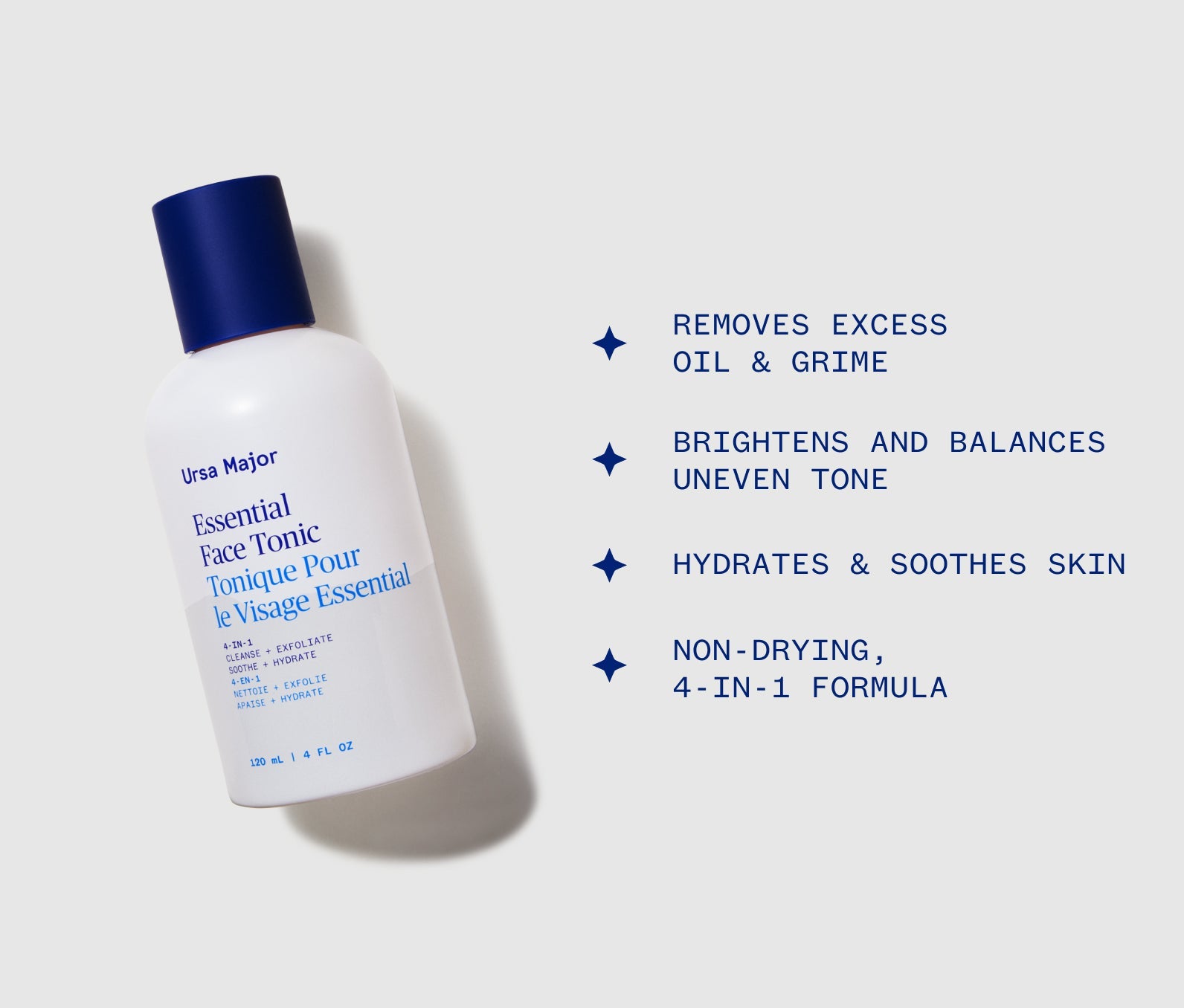 Ursa Major Essential Face Tonic bottle with text on a white background. Text says: Product removes excess oil and grime; Brightens and balances uneven tone; Hydrates and soothes skin; Non-drying 4-in-1 formula