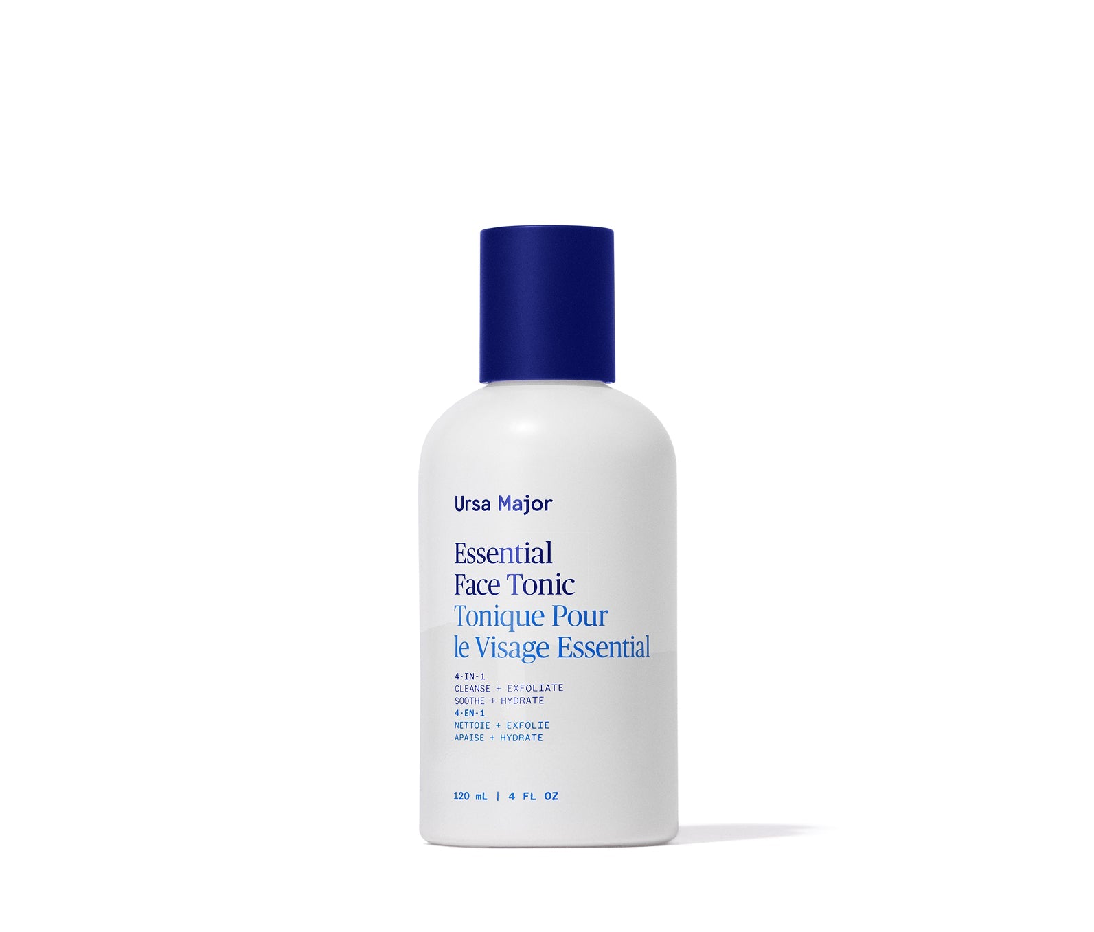 White bottle of Ursa Major Essential Face Tonic bottle with blue cap on a white background