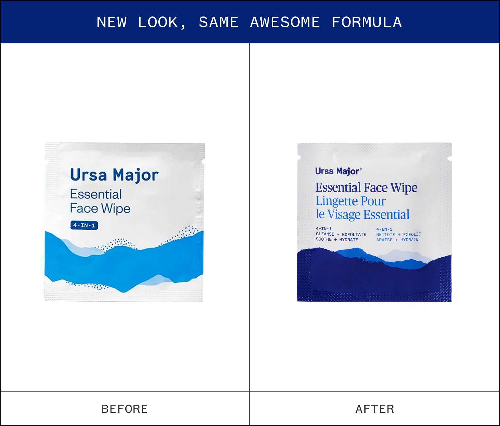 Before and after comparison of Ursa Major Essential Face Wipes packaging design, text reads "New look, same awesome formula"