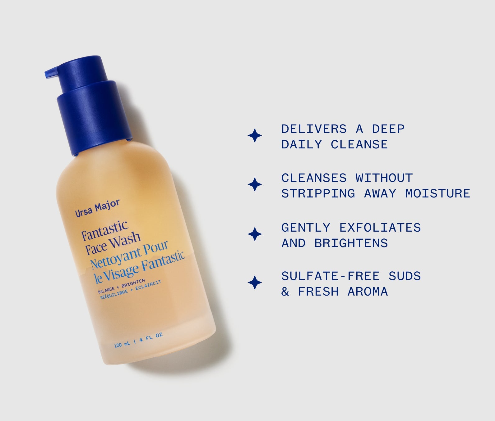 Ursa Major Fantastic Face Wash bottle with product highlights on a white background. Text says that Ursa Major Face Wash: Delivers a deep daily cleanse; Cleanses without stripping away moisture; Gently exfoliate and brightens; Sulfate-free suds and fresh aroma