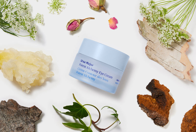 Eye cream jar with natural elements on a white background