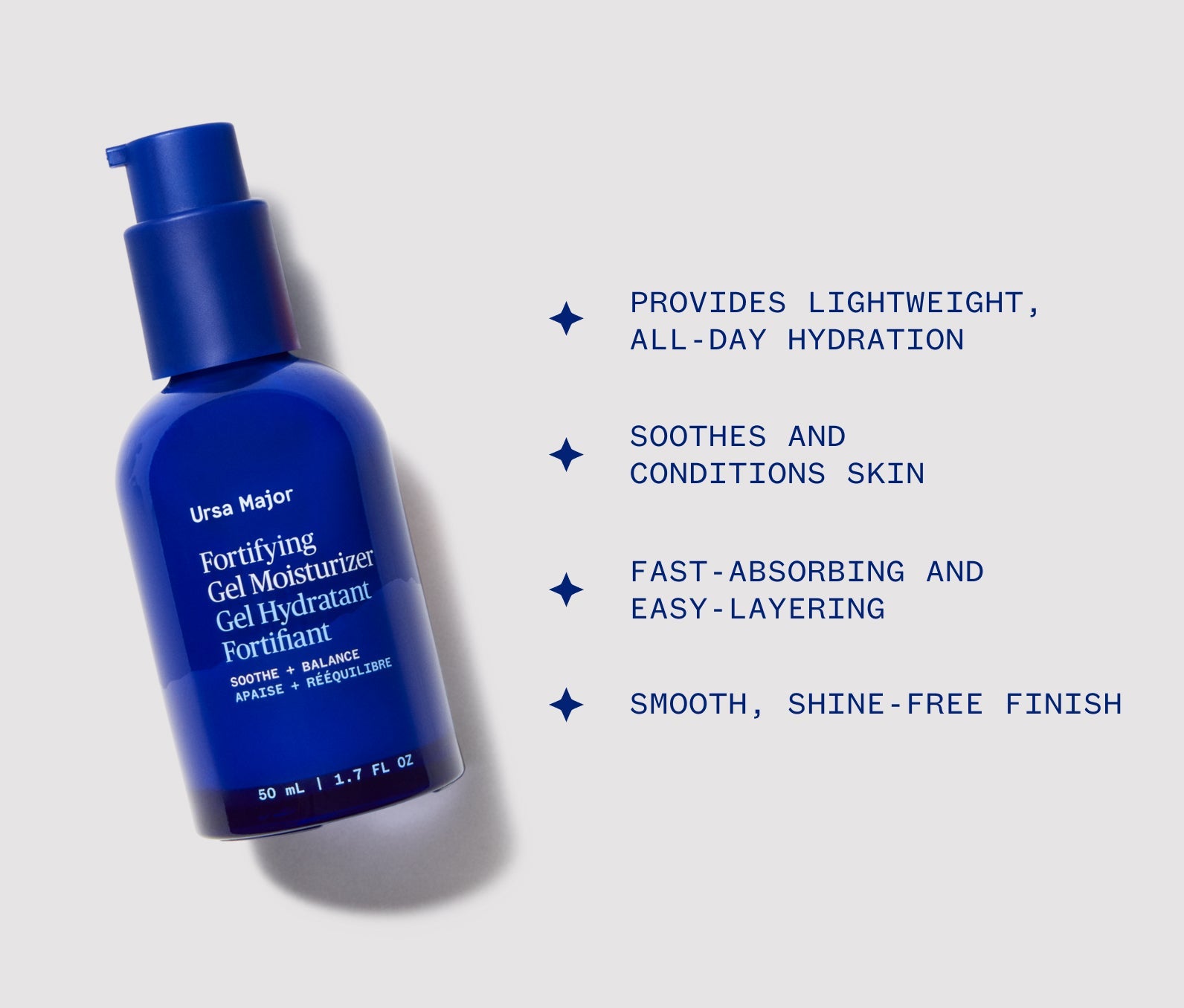 Blue bottle of Ursa Major Fortifying Gel Moisturizer with product highlights on a light gray background, including: Provides lightweight, all-day hydration; Soothes and conditions skin; Fast-absorbing and easy-layering; Smooth, shine-free finish