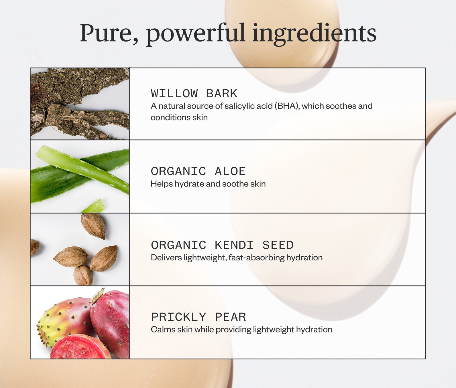 List of skincare ingredients with corresponding images and descriptions on a white background: Willow Bark- A natural source of salicylic acid (BHA) which soothes and conditions skin; Organic Aloe-Helps hydrate and soothe skin; Organic Kendi Seed-Delivers lightweight, fast-absorbing hydration; Prickly Pear-Calms skin while providing lightweight hydration
