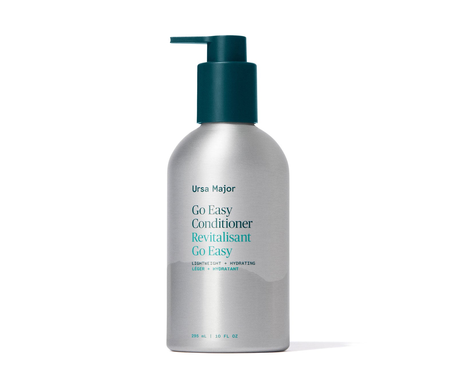 Aluminum bottle of Ursa Major Go Easy Conditioner with a green pump on a white background