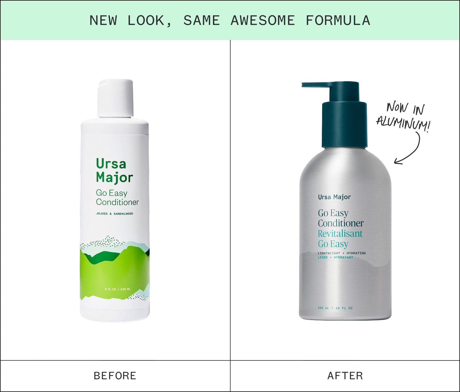 Comparison of Ursa Major Go Easy Conditioner bottles, one "Before" in original plastic packaging and the other "After" in aluminum packaging
