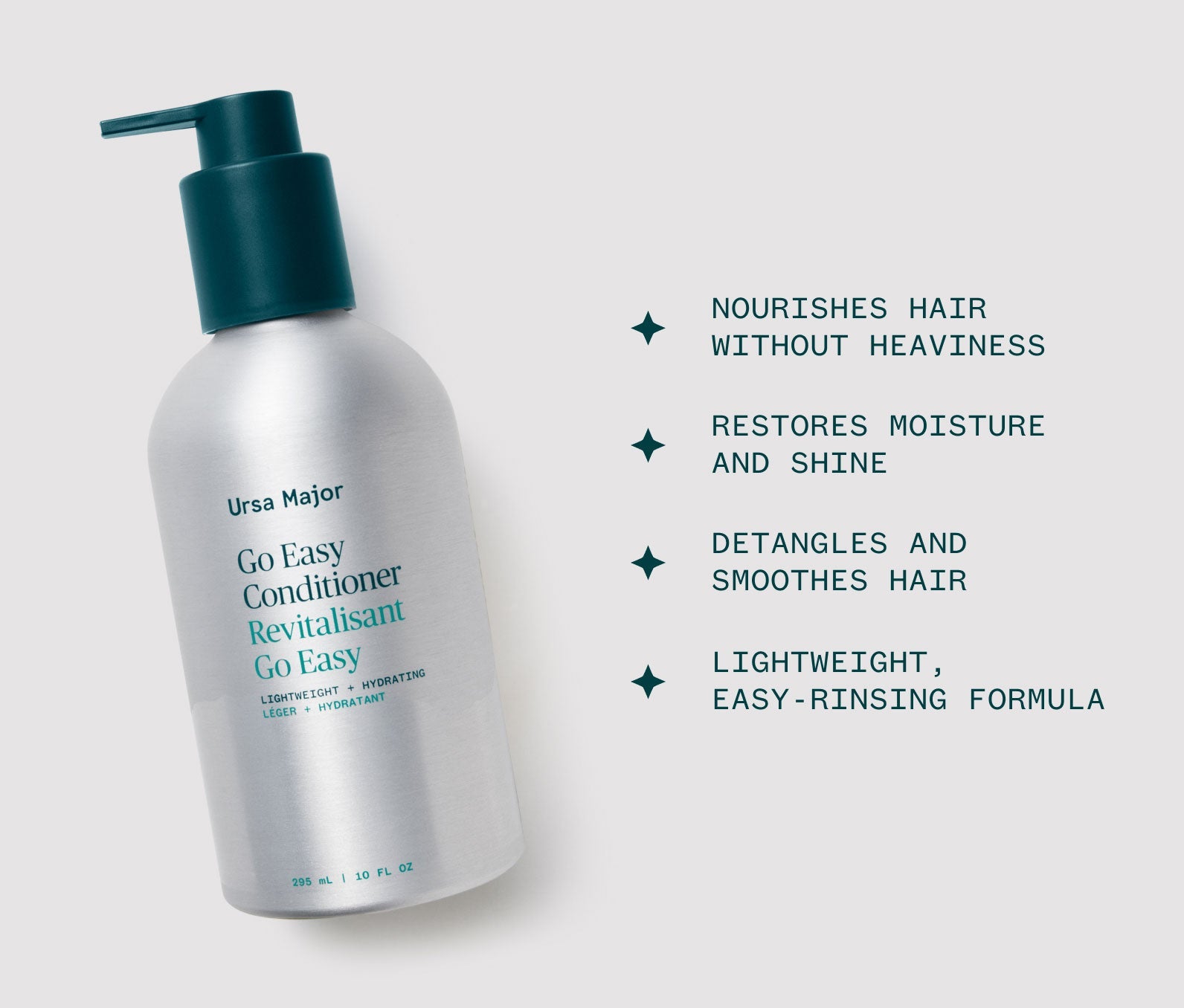 Ursa Major Go Easy Conditioner bottle on a light gray background with text highlighting product benefits, including: Nourishes hair without heaviness; Restores moisture and shine; Detangles and smoothes hair; Lightweight, easy-rinsing formula