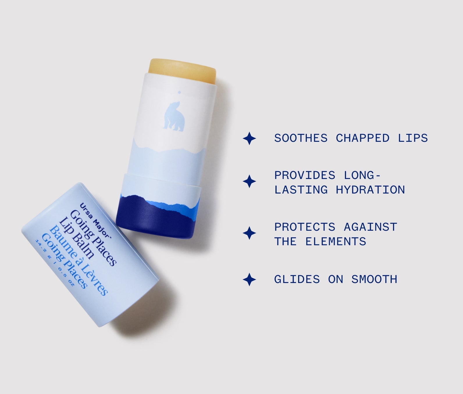 Open stick of Going Places Lip Balm with a white background and text highlighting benefits, including: Soothes chapped lips; Provides long-lasting hydration; Protects against the elements; Glides on smooth