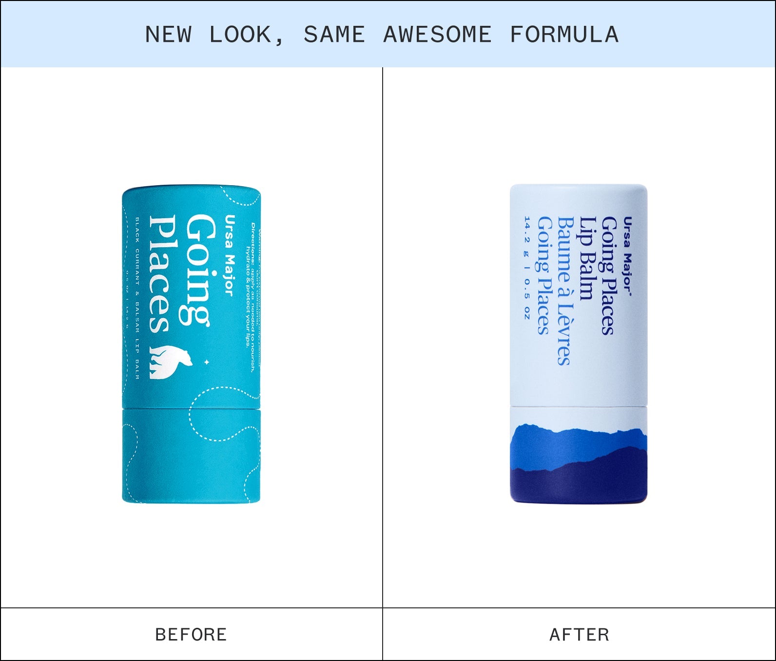 Infographic showing "New Look, Same Awesome formula" of  two Ursa Major Going Places Lip Balm tubes on a white background
