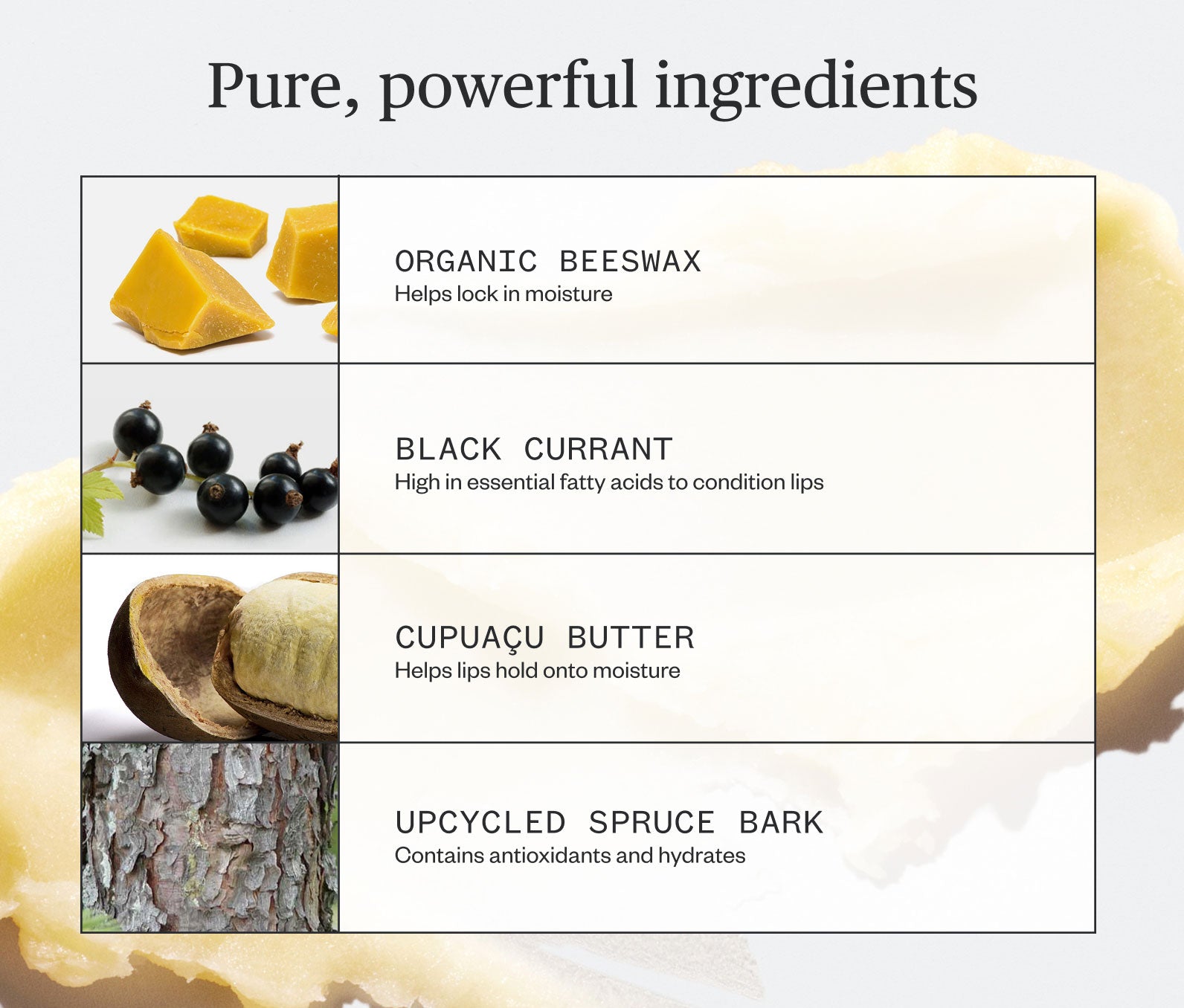 Pure, powerful ingredients listed, including: Organic Beeswax- Helps lock in moisture, Black Current- High in essential fatty acids to condition lips; Cupuacu Butter- Helps lips hold onto moisture; Upcycled Spruce Bark- Contains antioxidants and hydrates