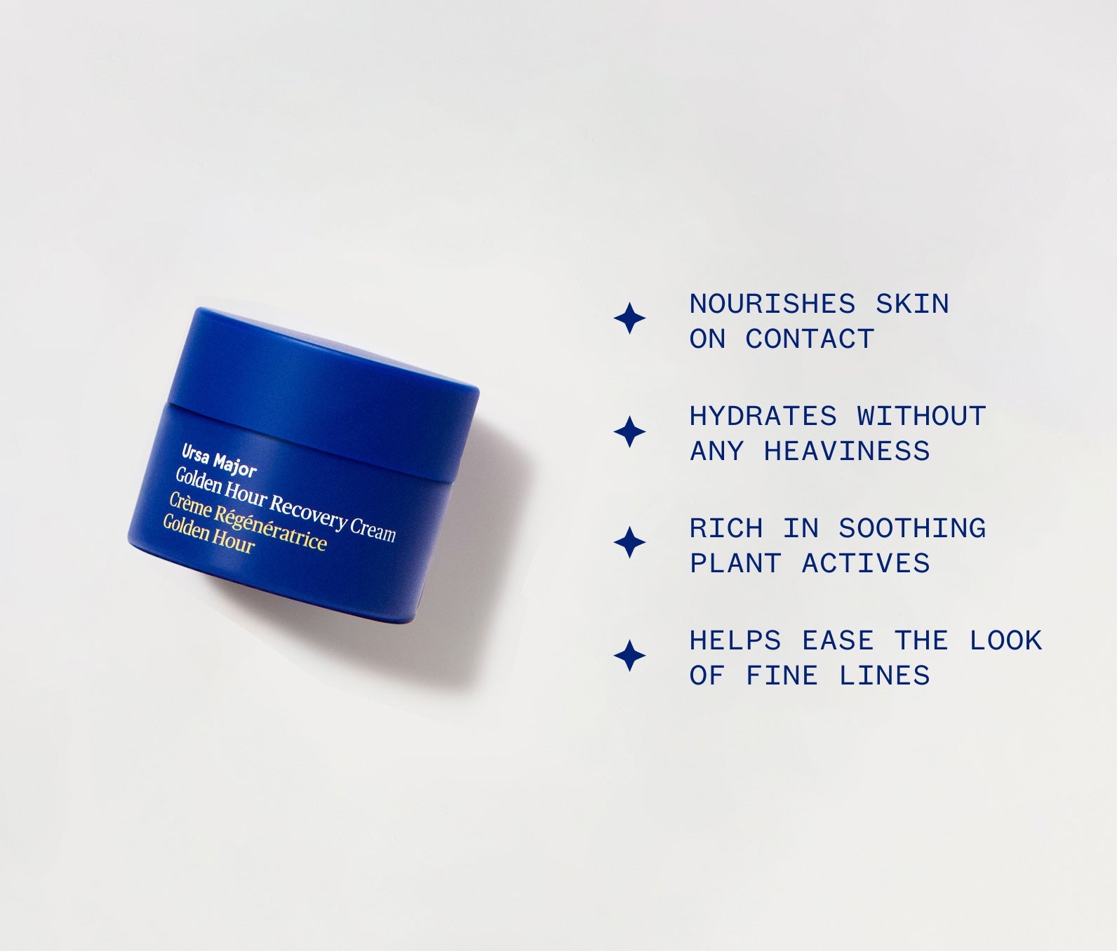 Blue jar of small Golden Hour Recovery Cream on a white background with product highlights, including: Nourishes skin on contact; Hydrates without any heaviness; Rich in soothing plant actives; Helps ease the look of fine lines