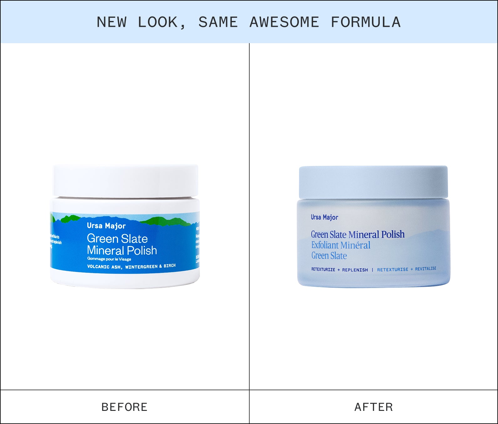 Infographic showing "New Look, Same Awesome formula" of  two Ursa Major Green Slate Mineral Polish jars on a white background