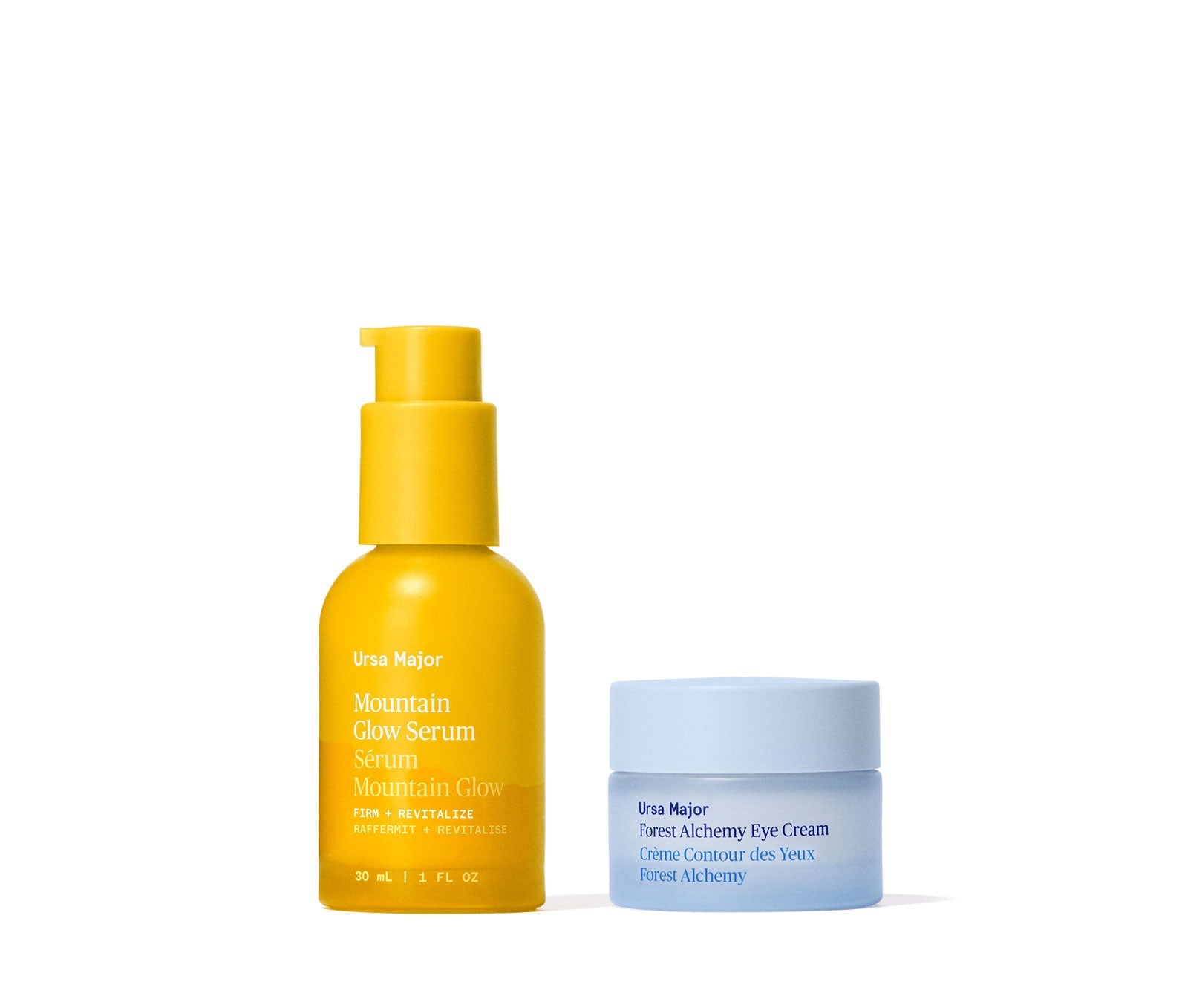 Yellow Mountain Glow Serum bottle and blue Forest Alchemy Eye Cream jar on a white background