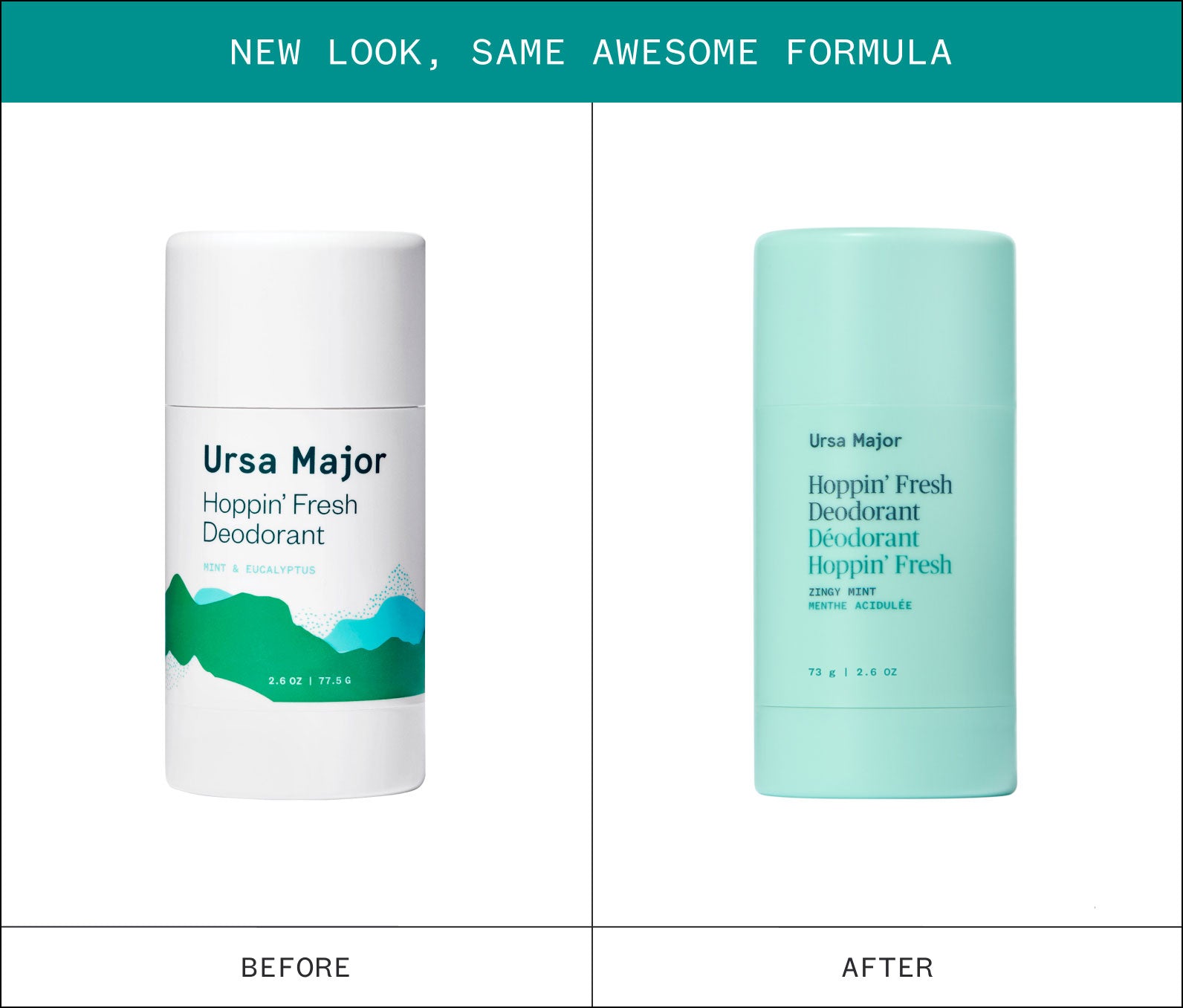Infographic showing "New Look, Same Awesome formula" and two sticks of Ursa Major Hoppin' Fresh Deodorant, one labeled 'Before' and the other 'After', on a white background with teal accents
