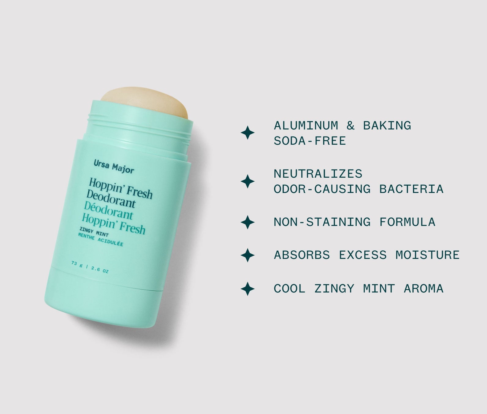 Opened stick of Ursa Major Hoppin' Fresh Deodorant stick with on light gray background, with product highlights including: Aluminum and Baking Soda-free; Neutralizes odor-causing bacteria; Non-staining formula, Absorbs excess moisture; Cool zingy mint aroma