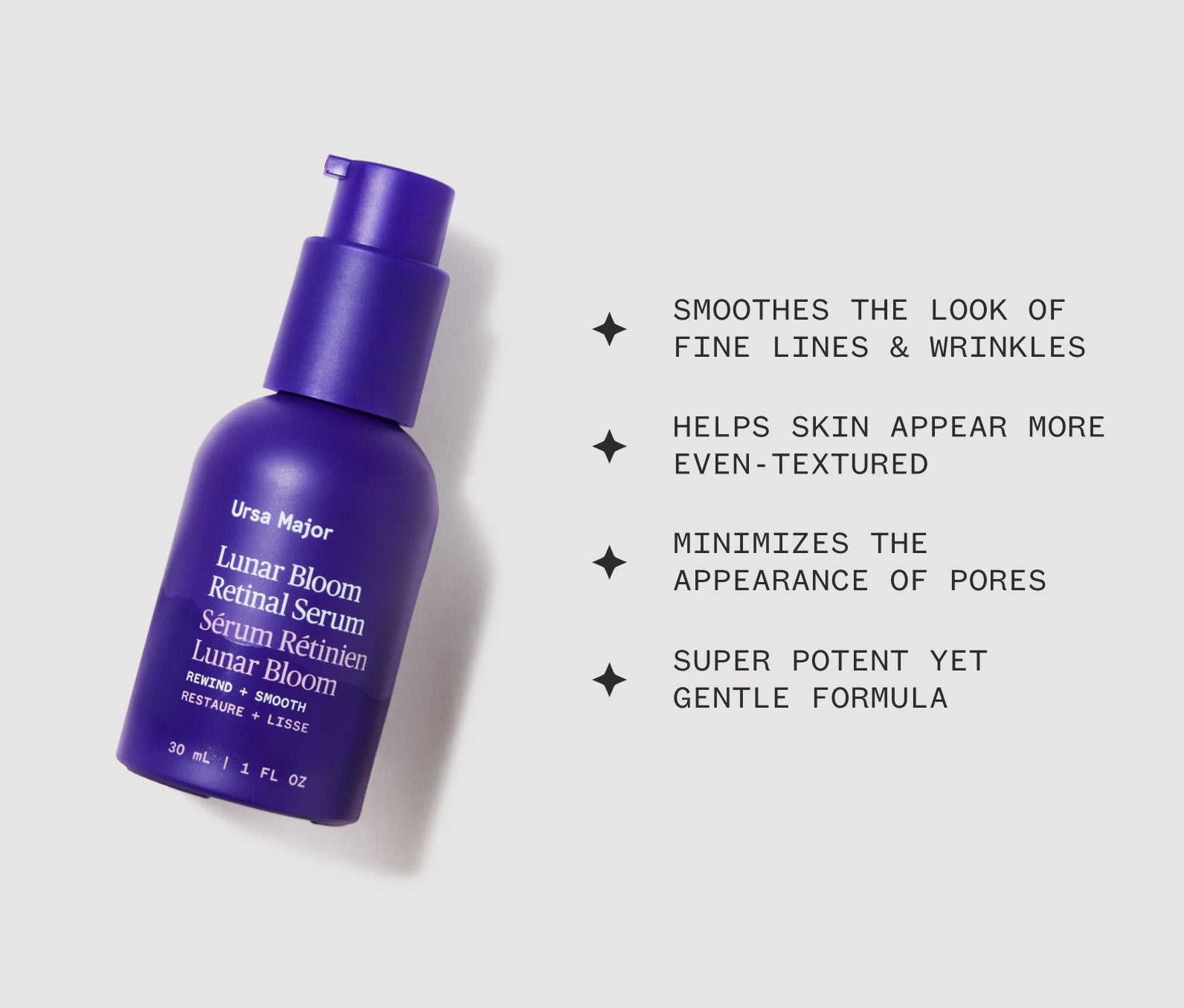 Purple Lunar Bloom Retinal Serum bottle on a white background with product highlights: Smoothes the look of fine lines and wrinkles; Helps skin appear more even-textured; Minimizes the appearance of pores; Super potent yet gentle formula