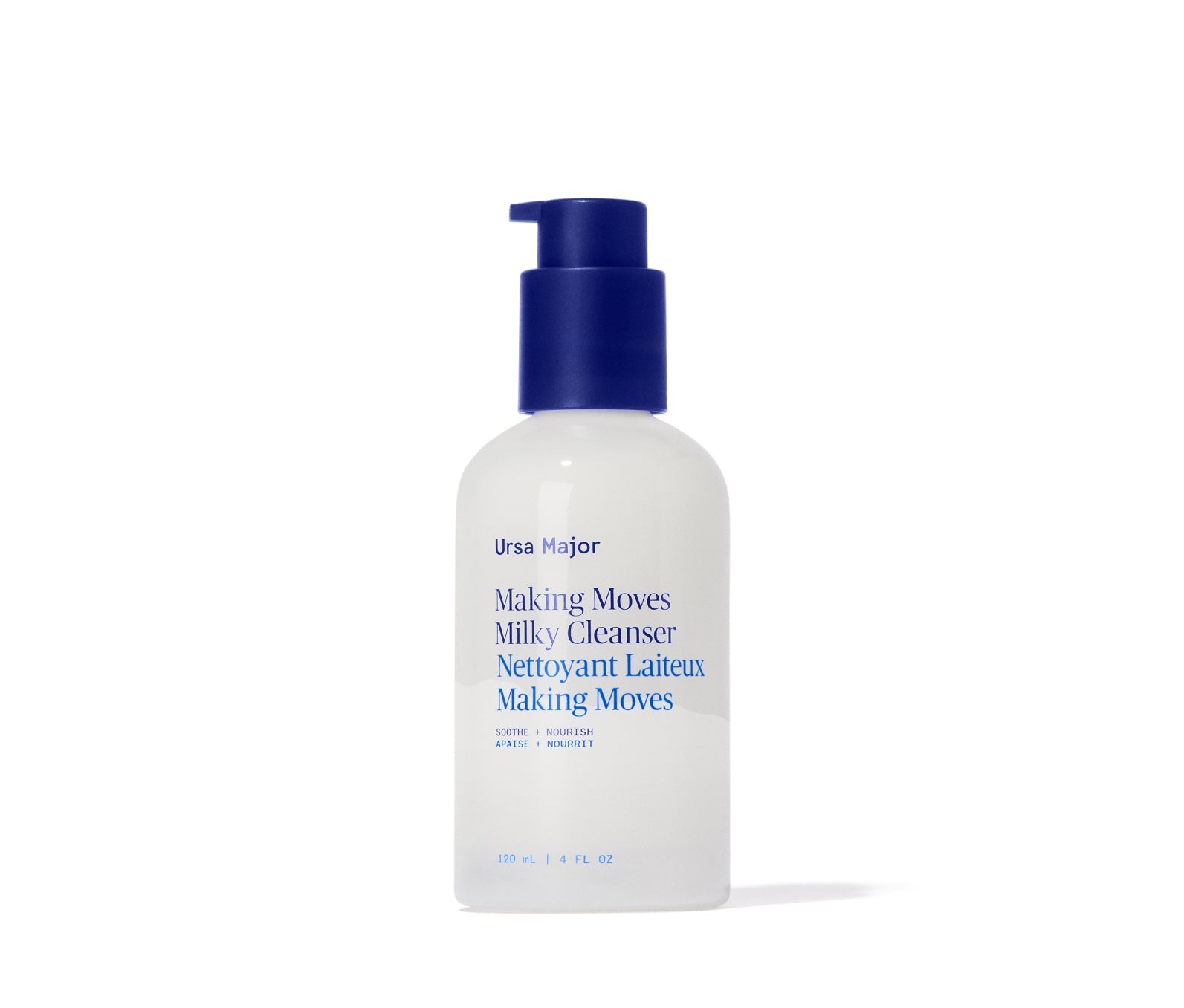 White Ursa Major Milky Cleanser bottle with blue pump on a white background