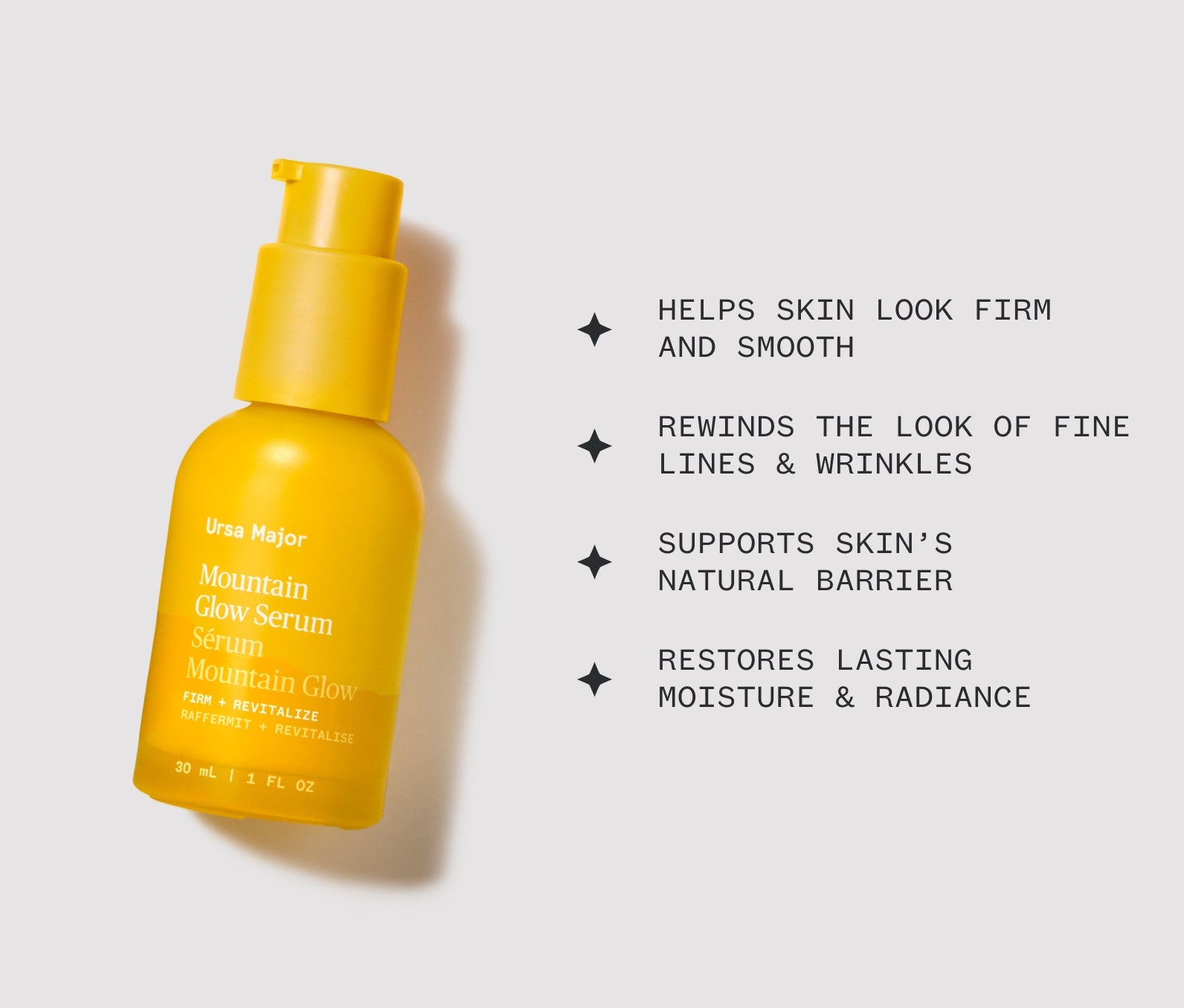 Yellow serum bottle on a white background with product highlights: Helps skin look firm and smooth; Rewinds the look of fine lines and wrinkles; Supports skin's natural barrier; Restores lasting moisture and radiance