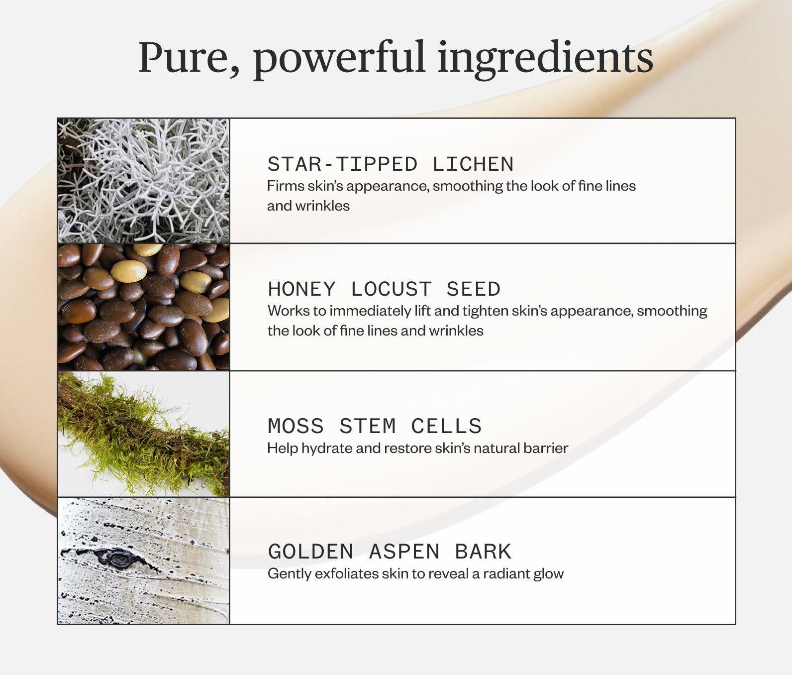 Pure, powerful ingredients listed, including: Star-Tipped Lichen-Firms skin's appearance, smoothing the look of fine lines and wrinkles; Honey Locust Seed- Works to immediately lift and tighten skin's appearance, smoothing the look of fine lines and wrinkles; Moss Stem Cells- Helps hydrate and restore skin's natural barrier; Golden Aspen Bark- Gently exfoliates skin to reveal a radiant glow