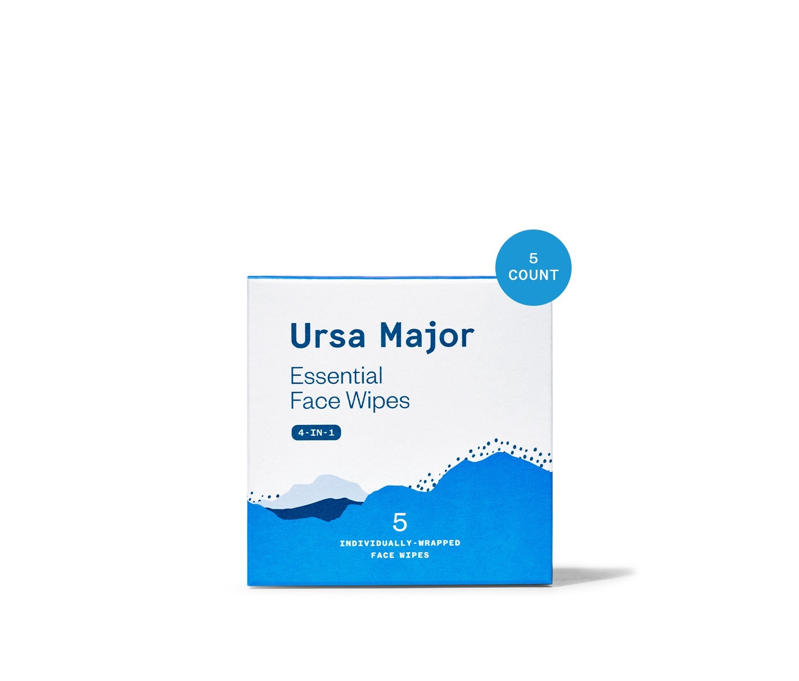 Blue and white packaging for 5 individually wrapped 4-in-1 Essential Face Wipes by Ursa Major Skincare