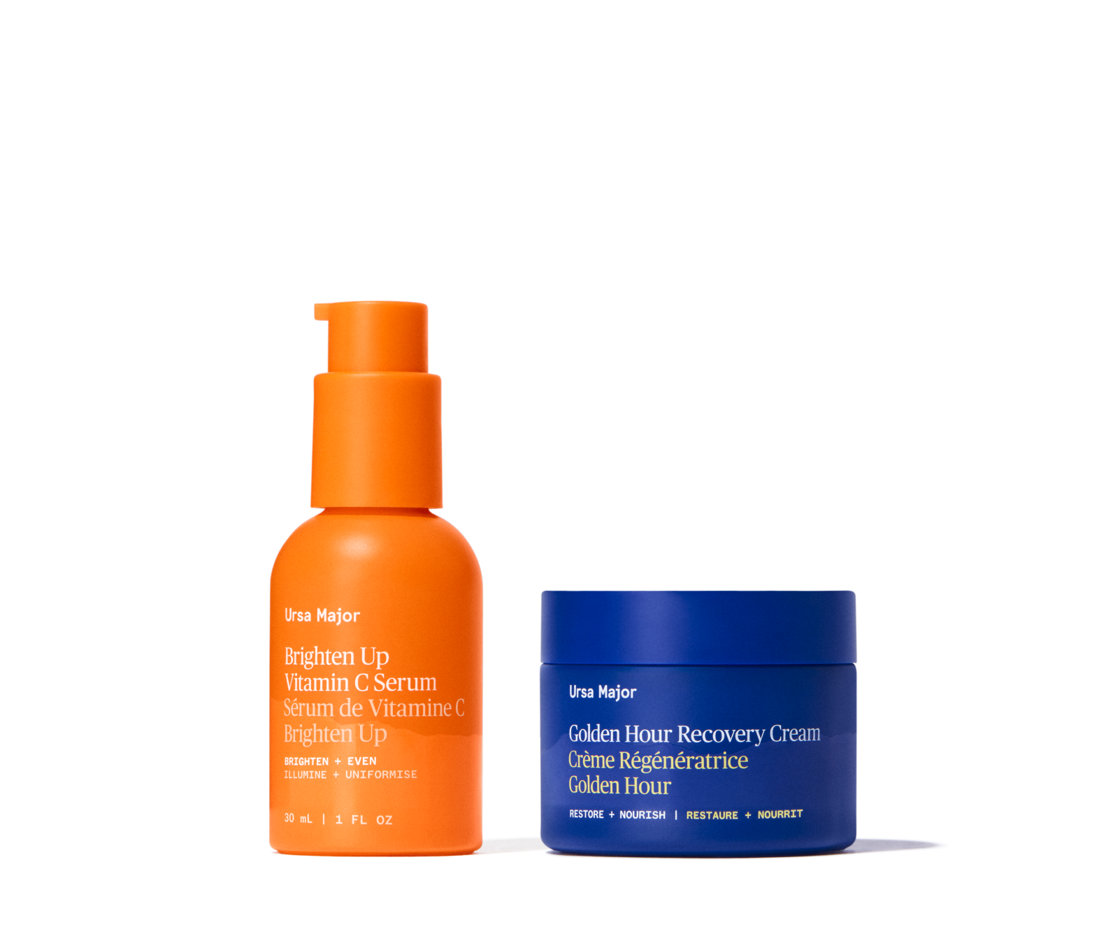 Orange serum bottle and blue cream jar on a white background