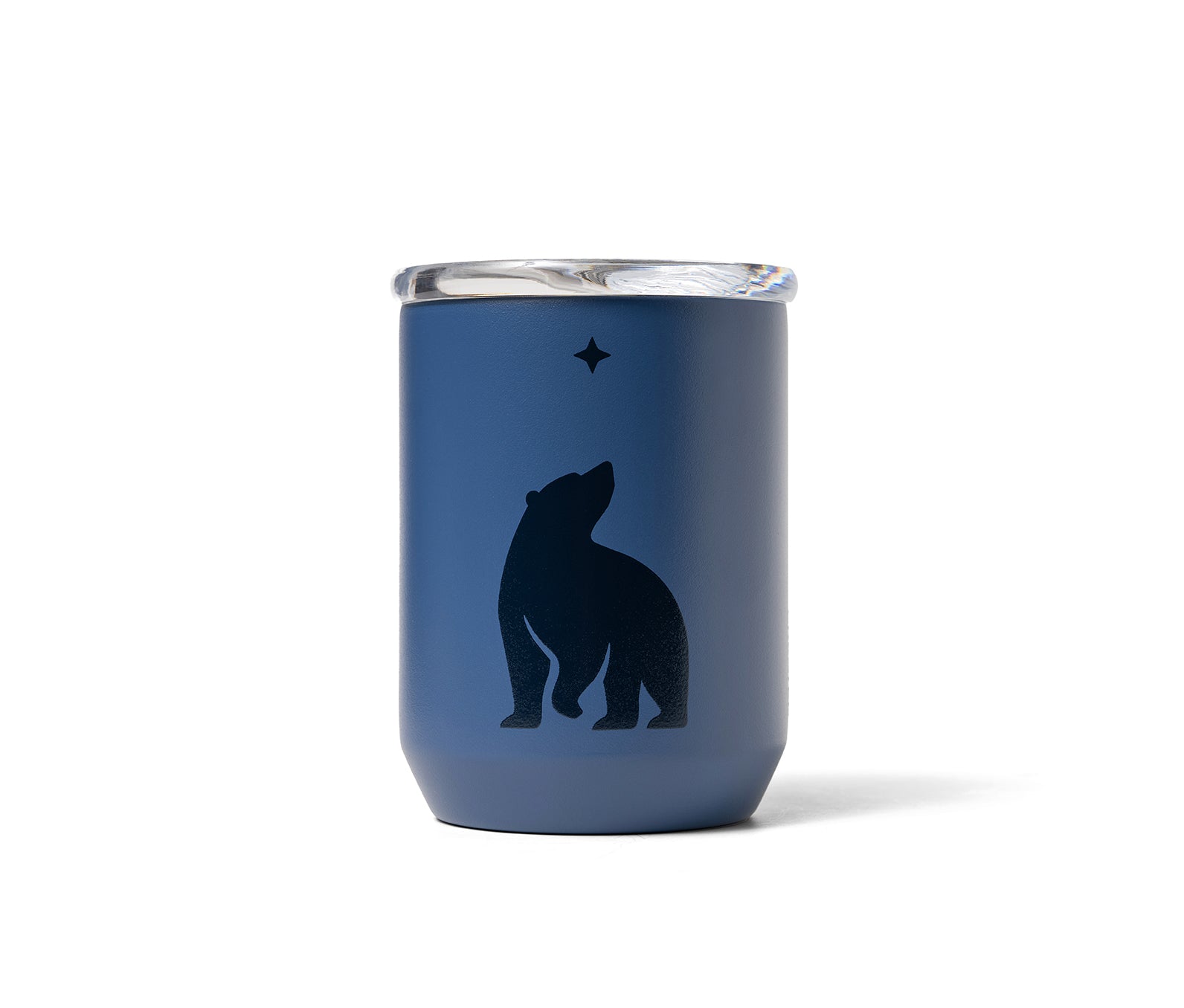 A navy-colored stainless steel tumbler with Ursa Major's bear silhouette logo and a clear, push-on lid