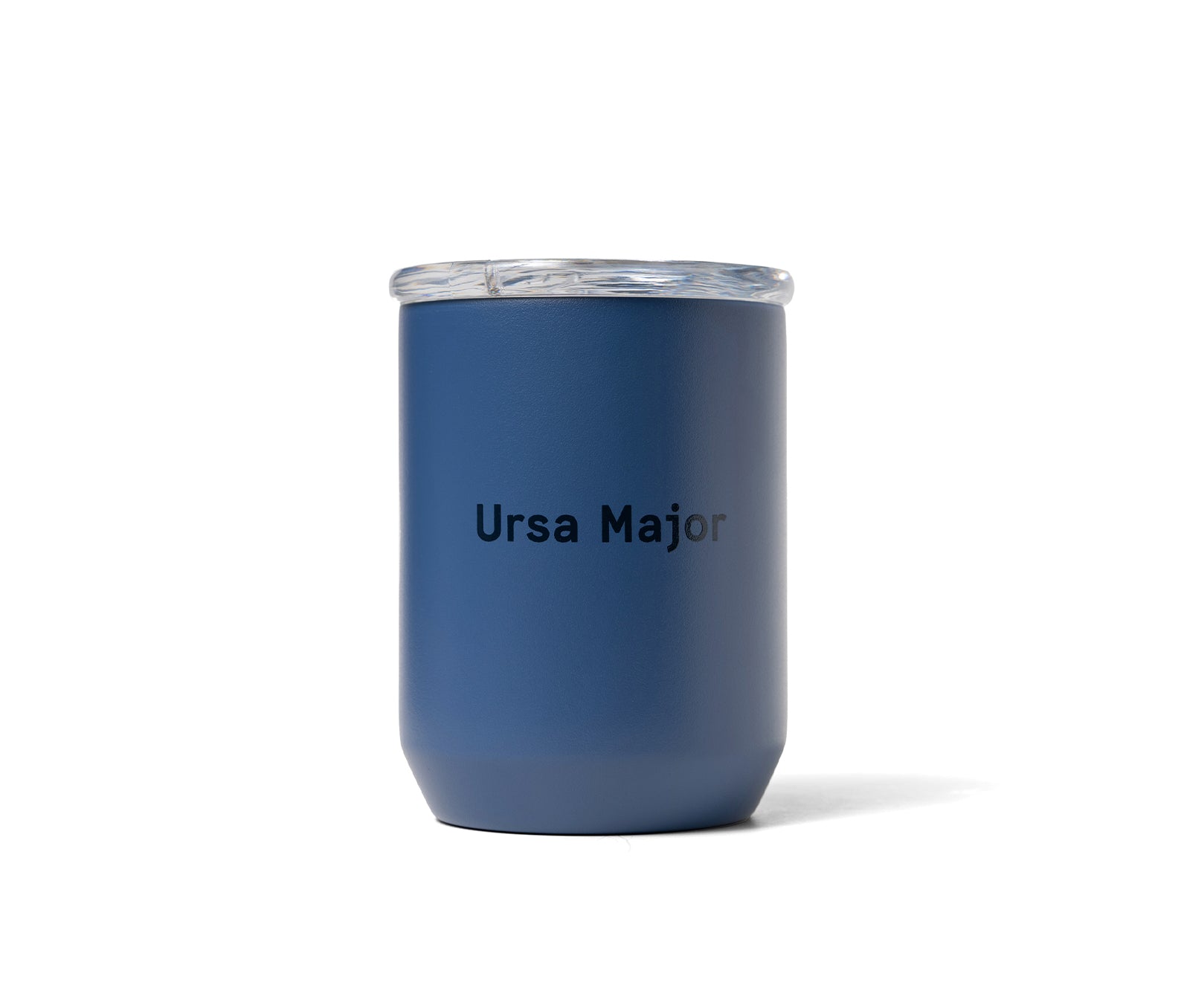 Backside of navy-colored stainless steel tumbler featuring Ursa Major wordmark