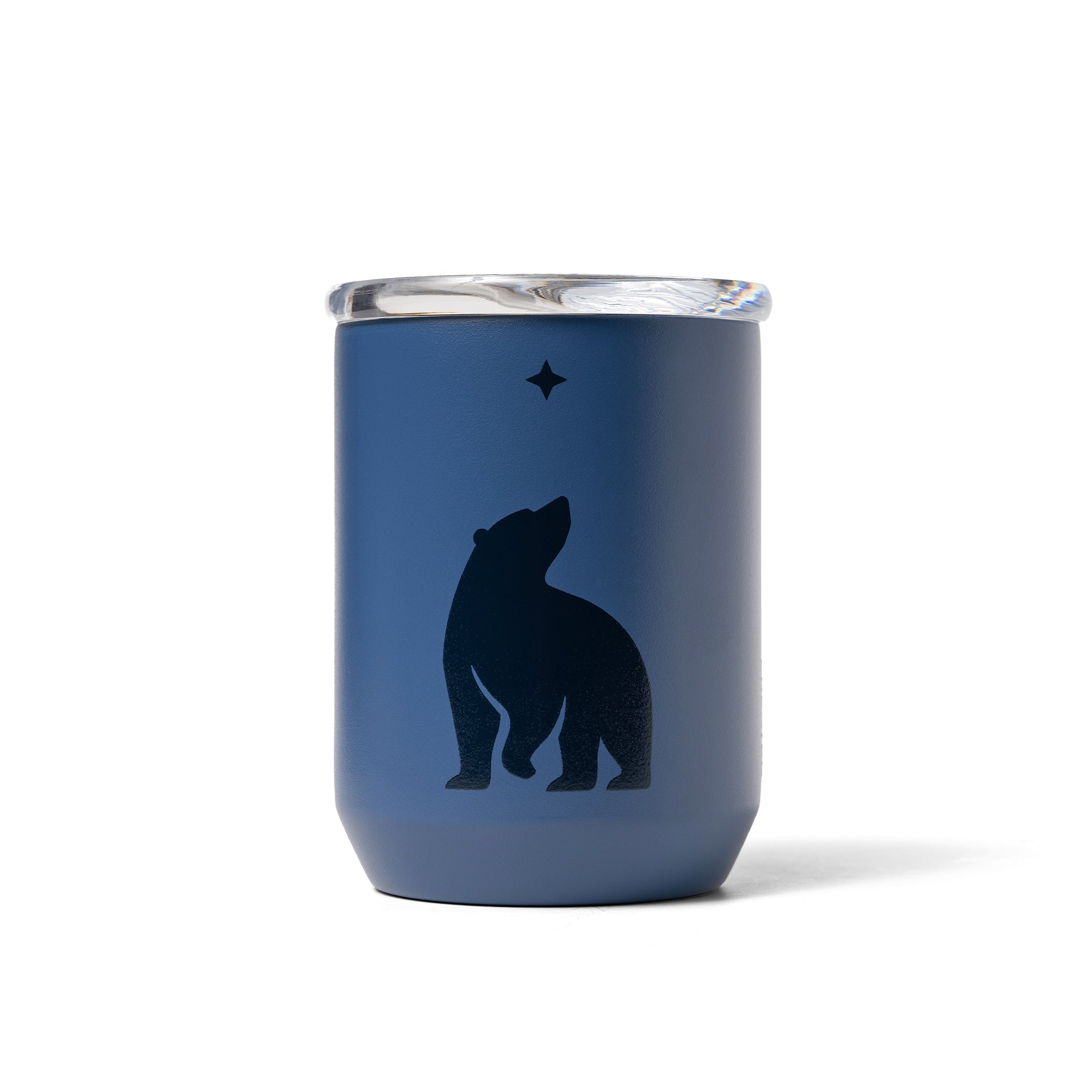 A navy-colored stainless steel tumbler with Ursa Major's bear silhouette logo and a clear, push-on lid