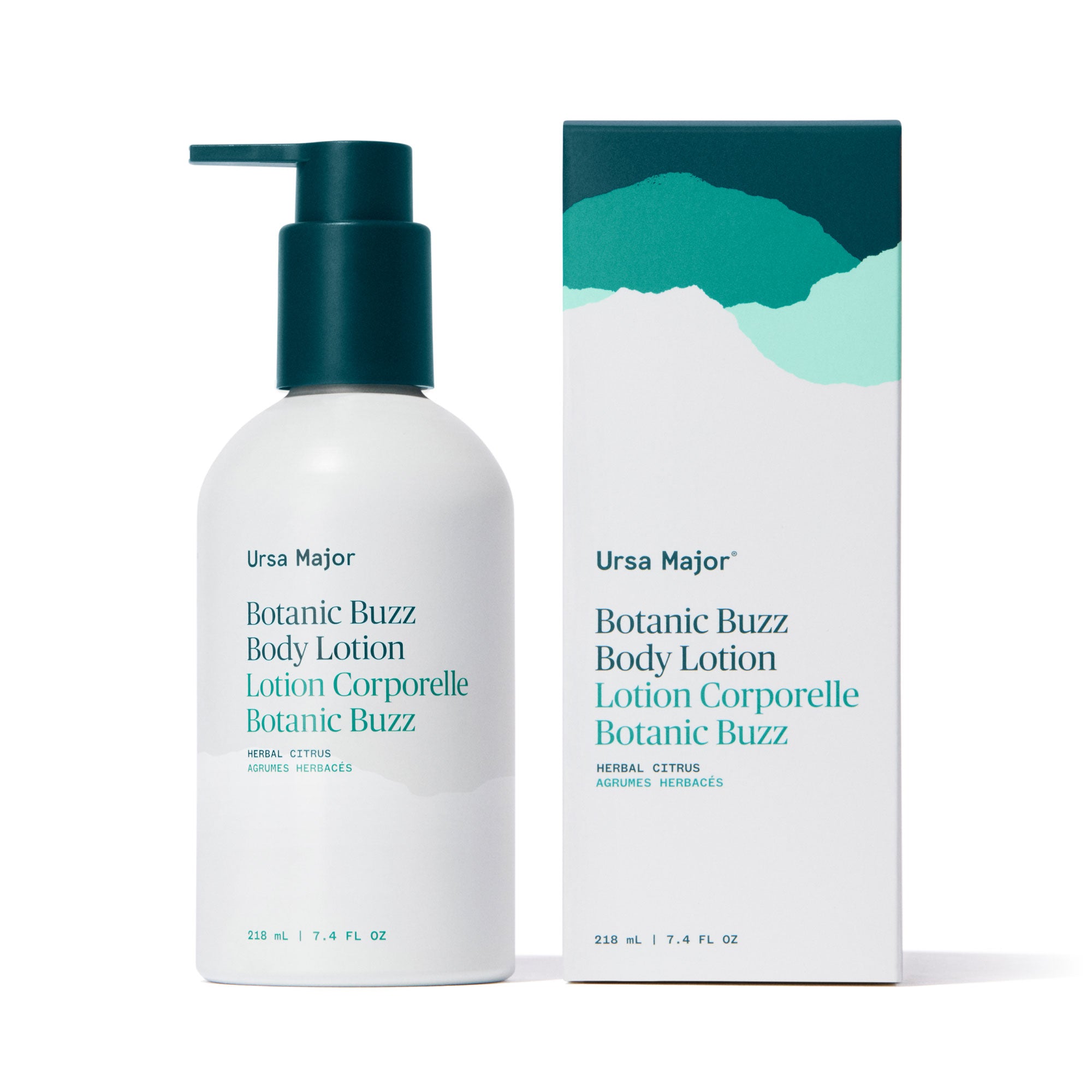 White Ursa Major Botanic Buzz Body Lotion bottle with green pump and packaging on a white background