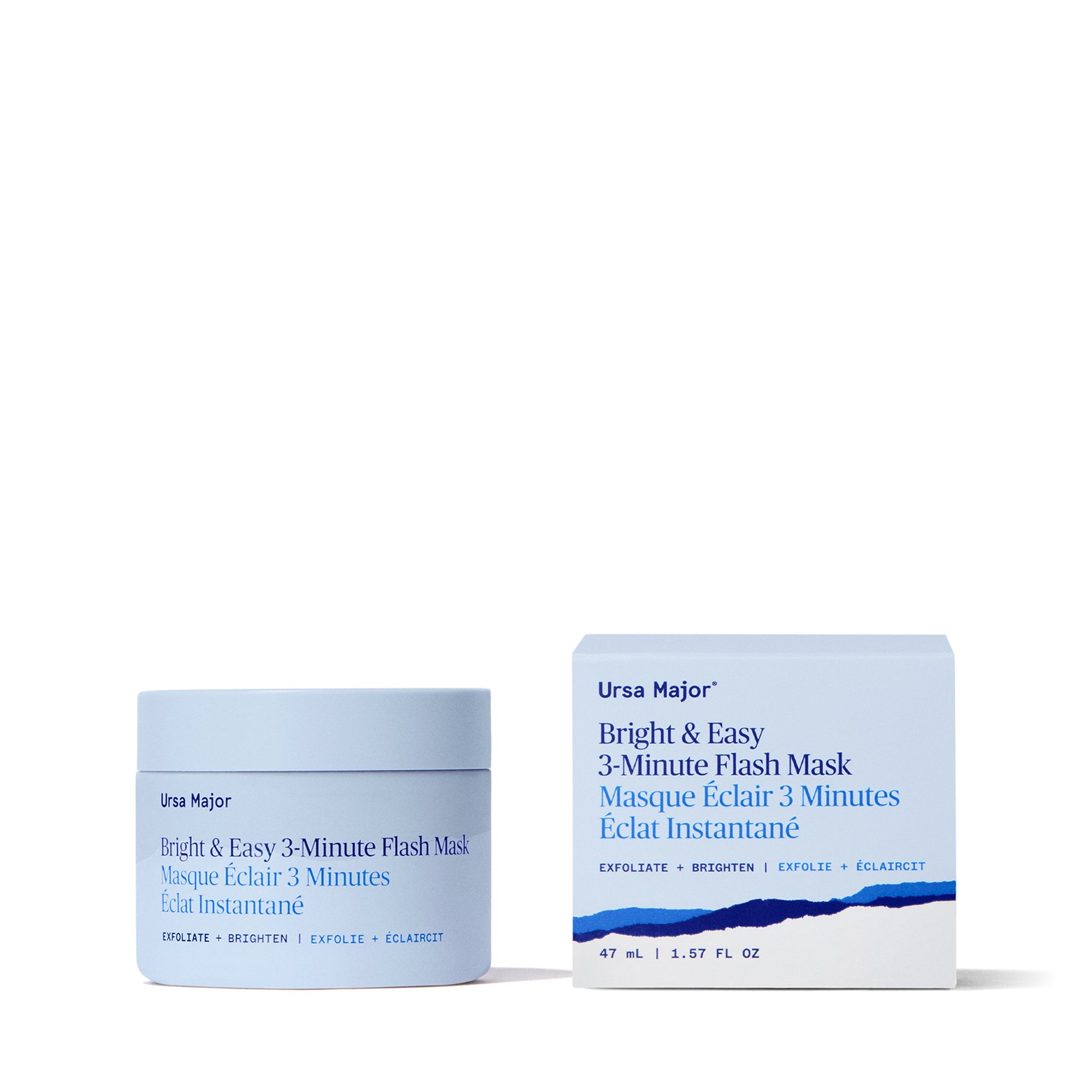 Ice-blue jar of Ursa Major Bright & Easy 3-Minute Flash Mask and packaging on a white background