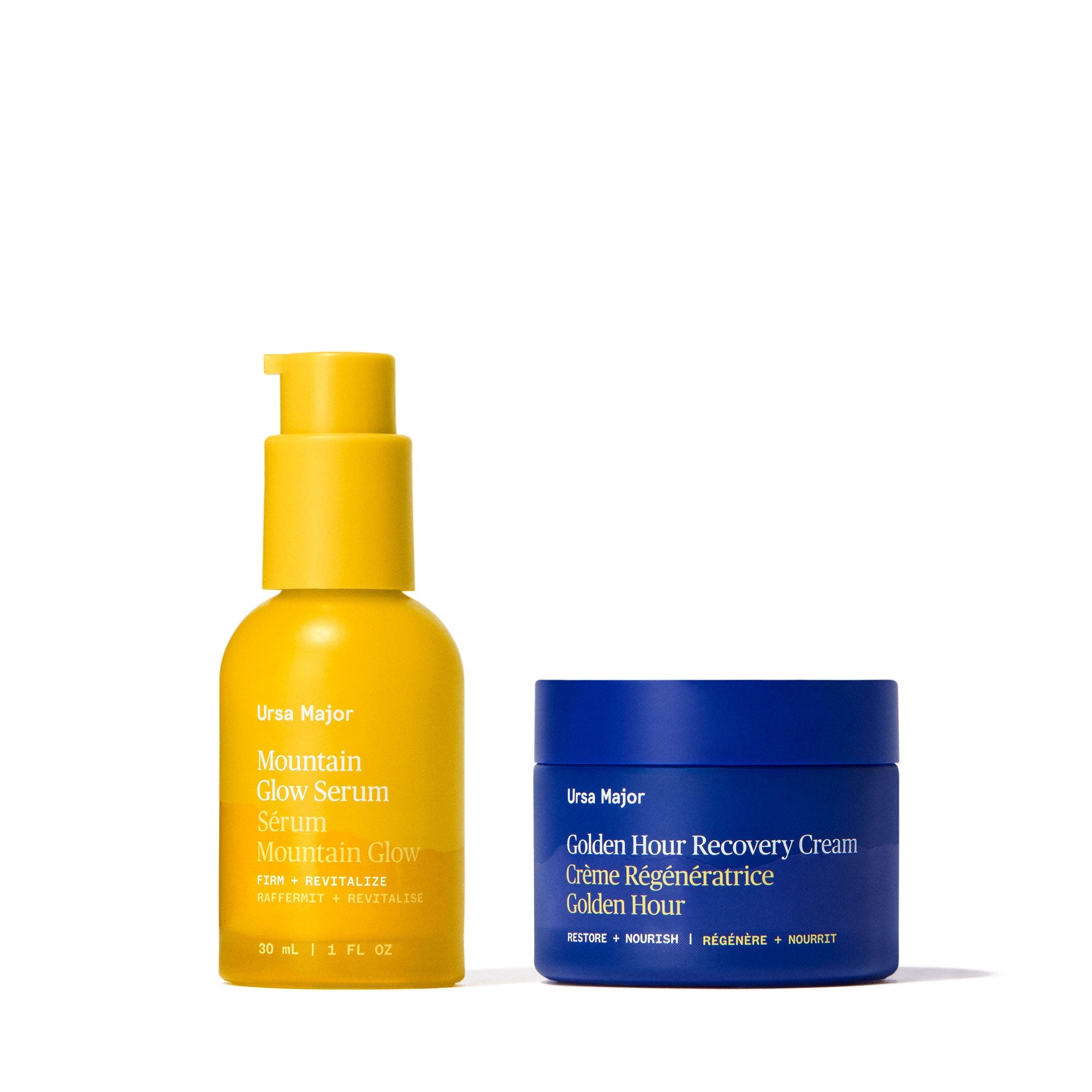 Yellow Mountain Glow Serum bottle and blue Golden Hour Recovery Cream jar on a white background