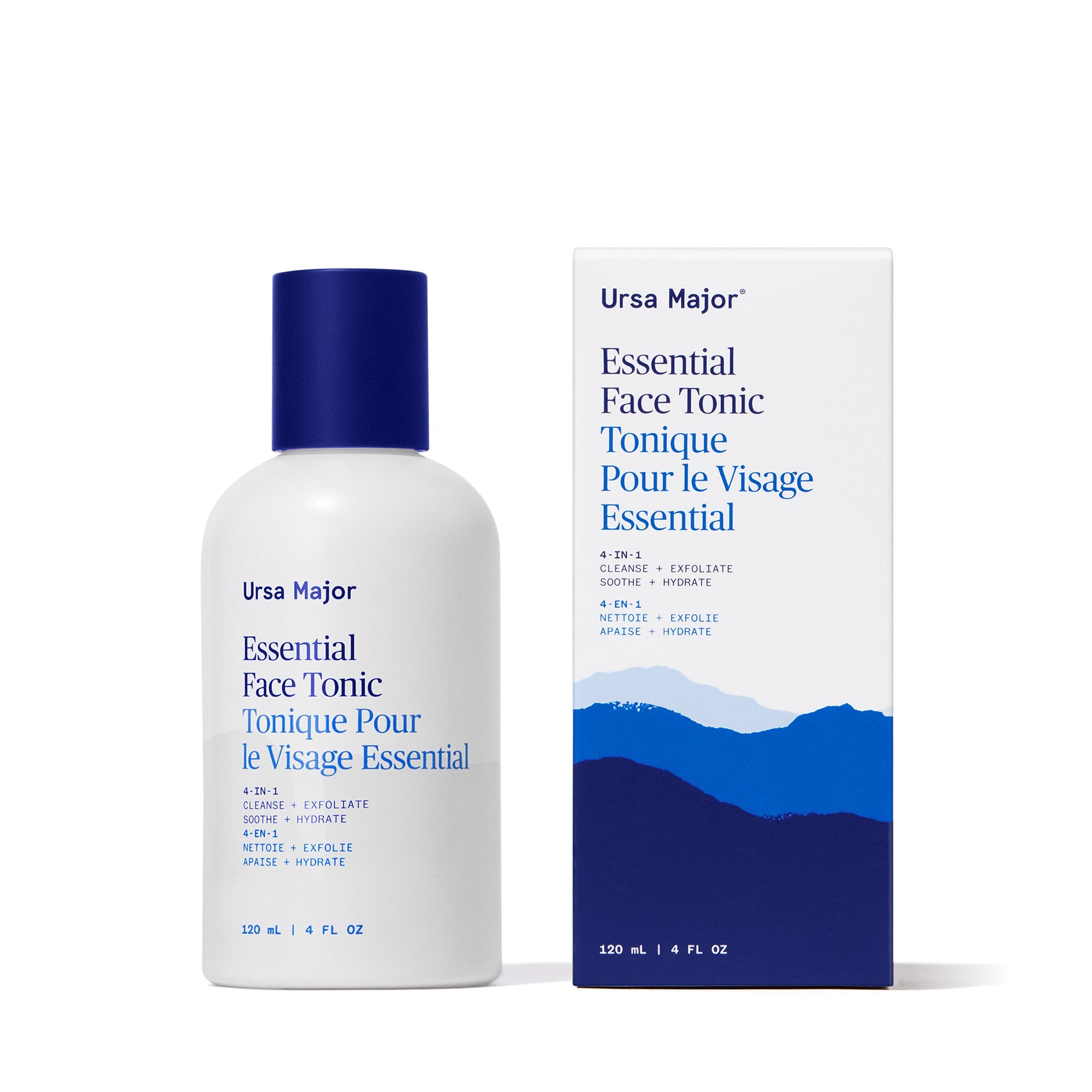 White bottle of Ursa Major Essential Face Tonic with blue cap and packaging on a white background