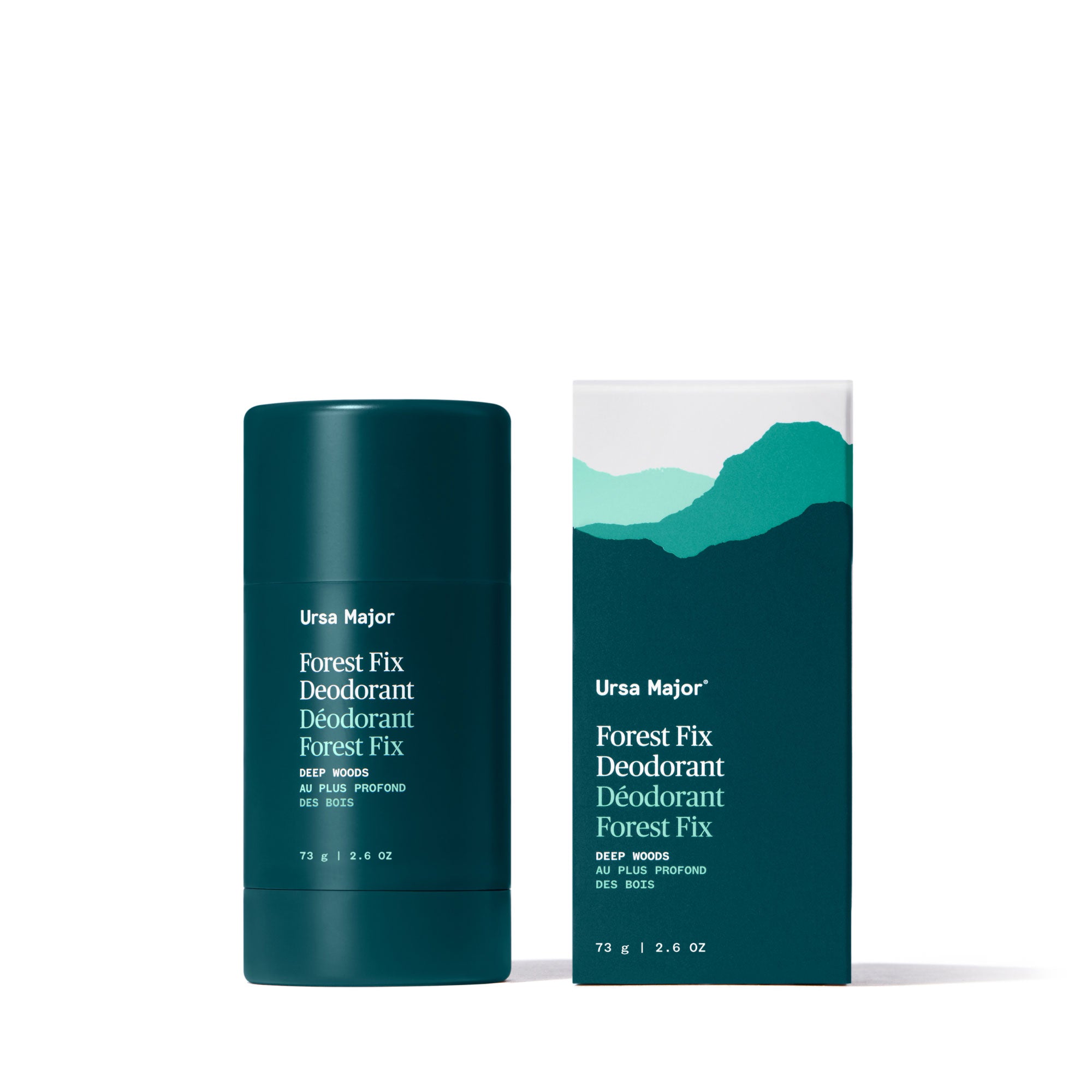 Forest-green stick of Ursa Major Forest Fix Deodorant and packaging on a white background