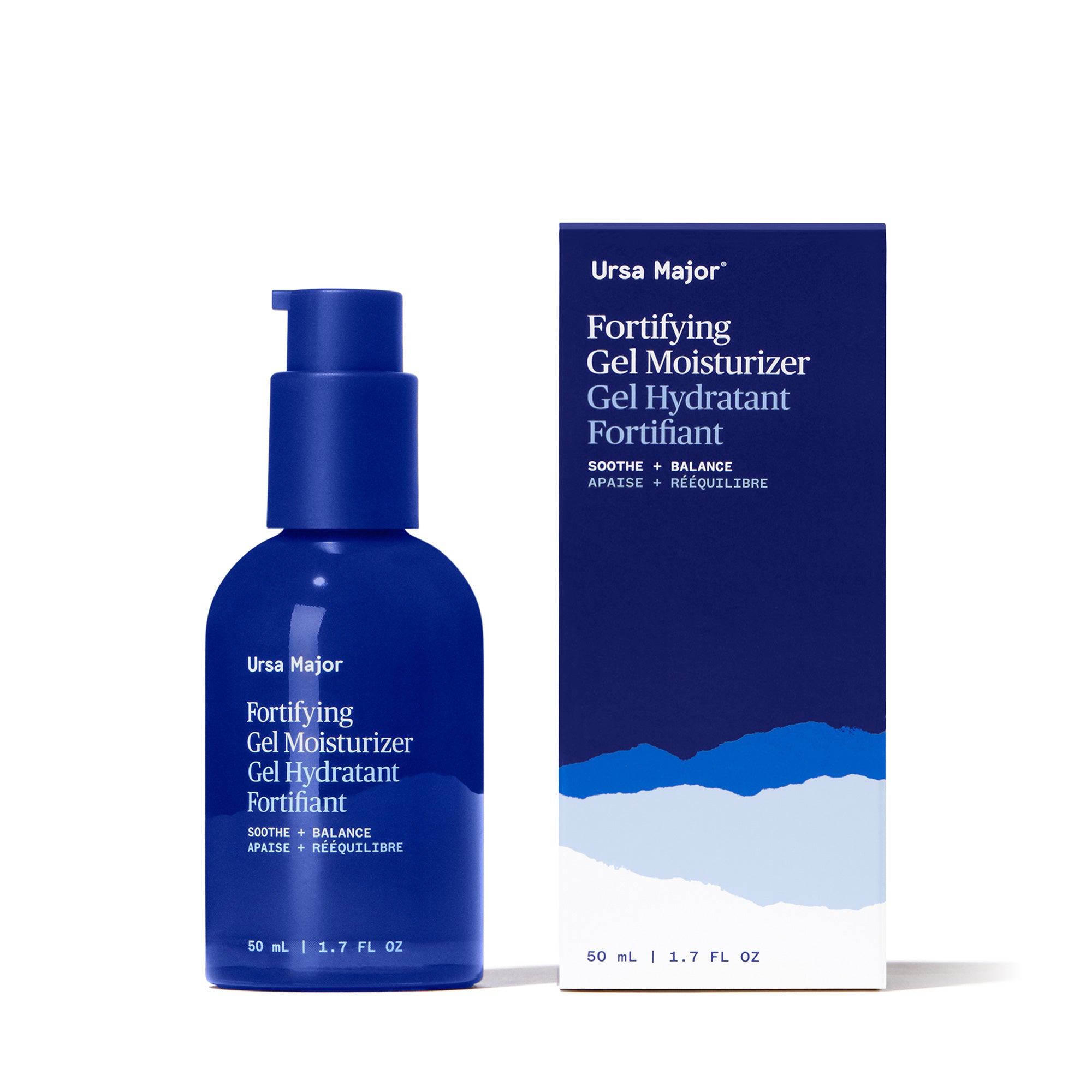 Blue bottle and packaging of Ursa Major Fortifying Gel Moisturizer on a white background