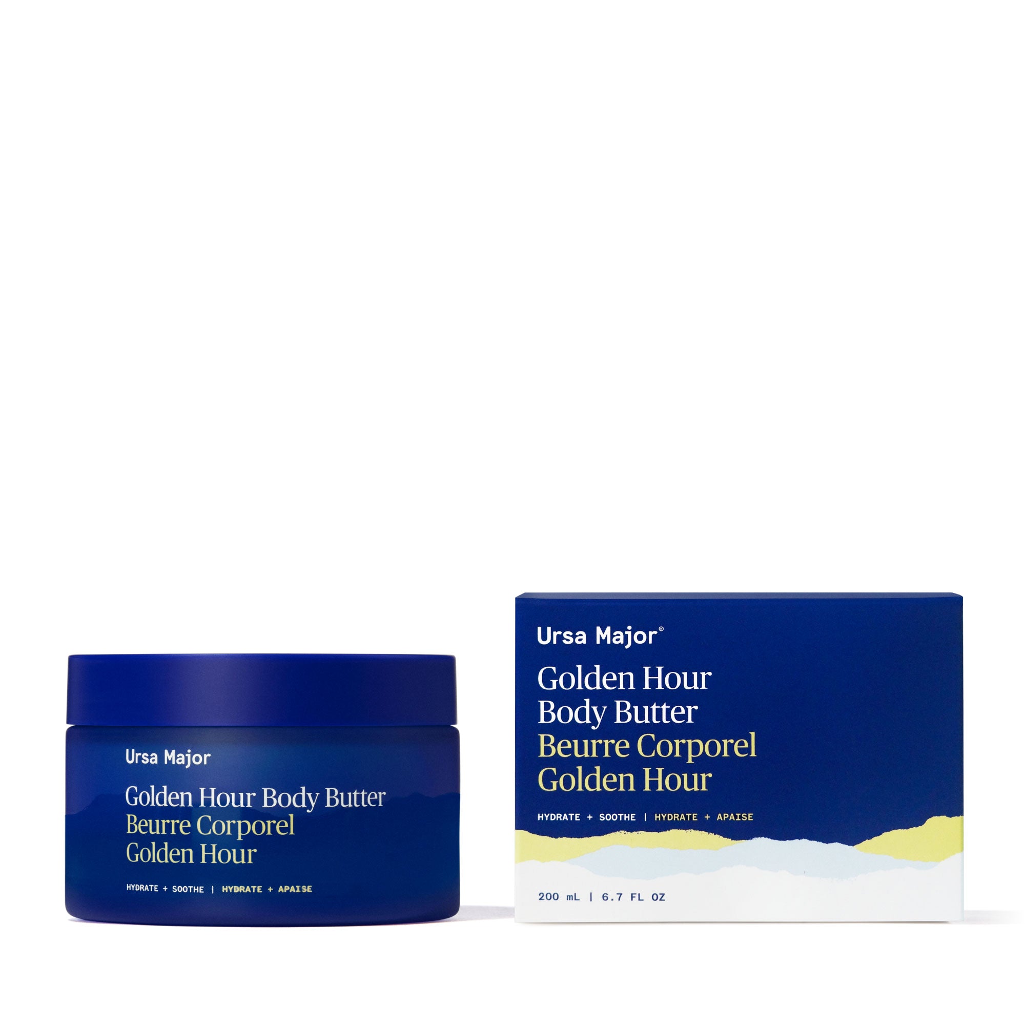 Blue Ursa Major Golden Hour Body Butter jar and packaging on a white background