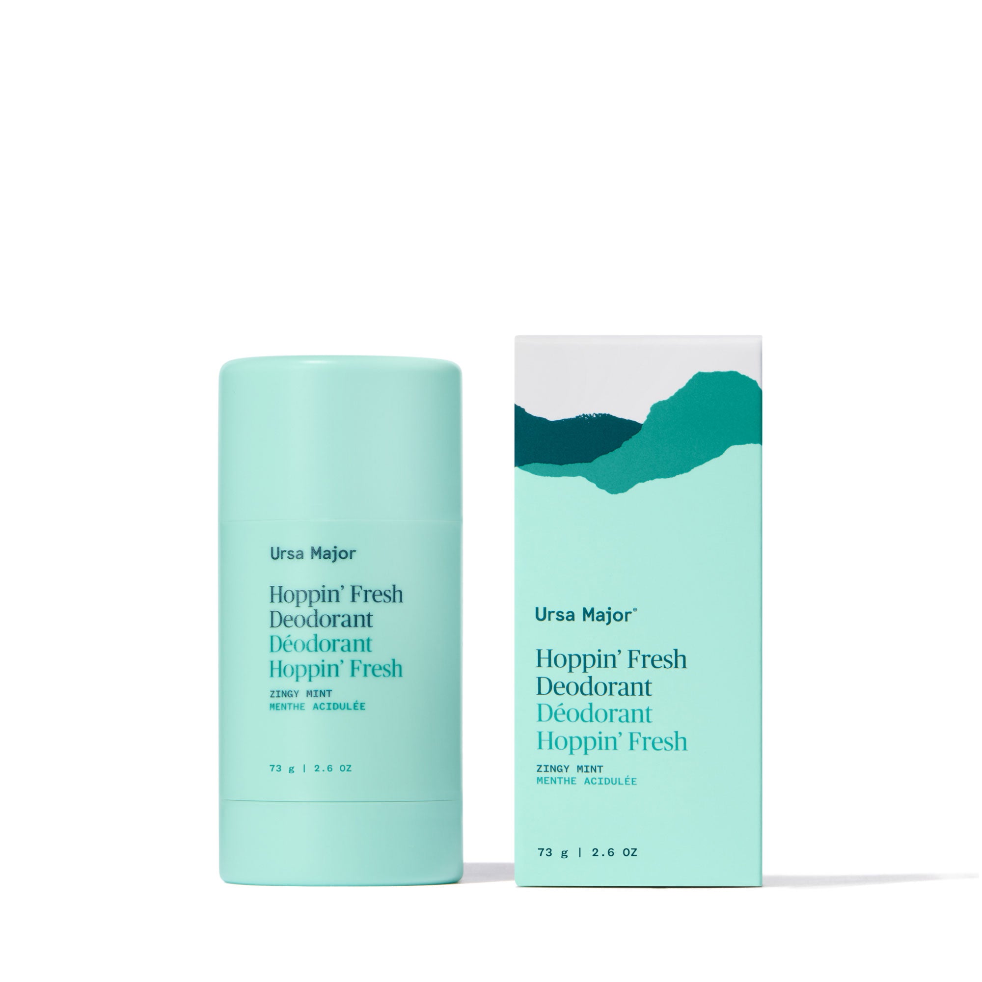 Mint-green stick of Ursa Major Hoppin' Fresh Deodorant and packaging on a white background