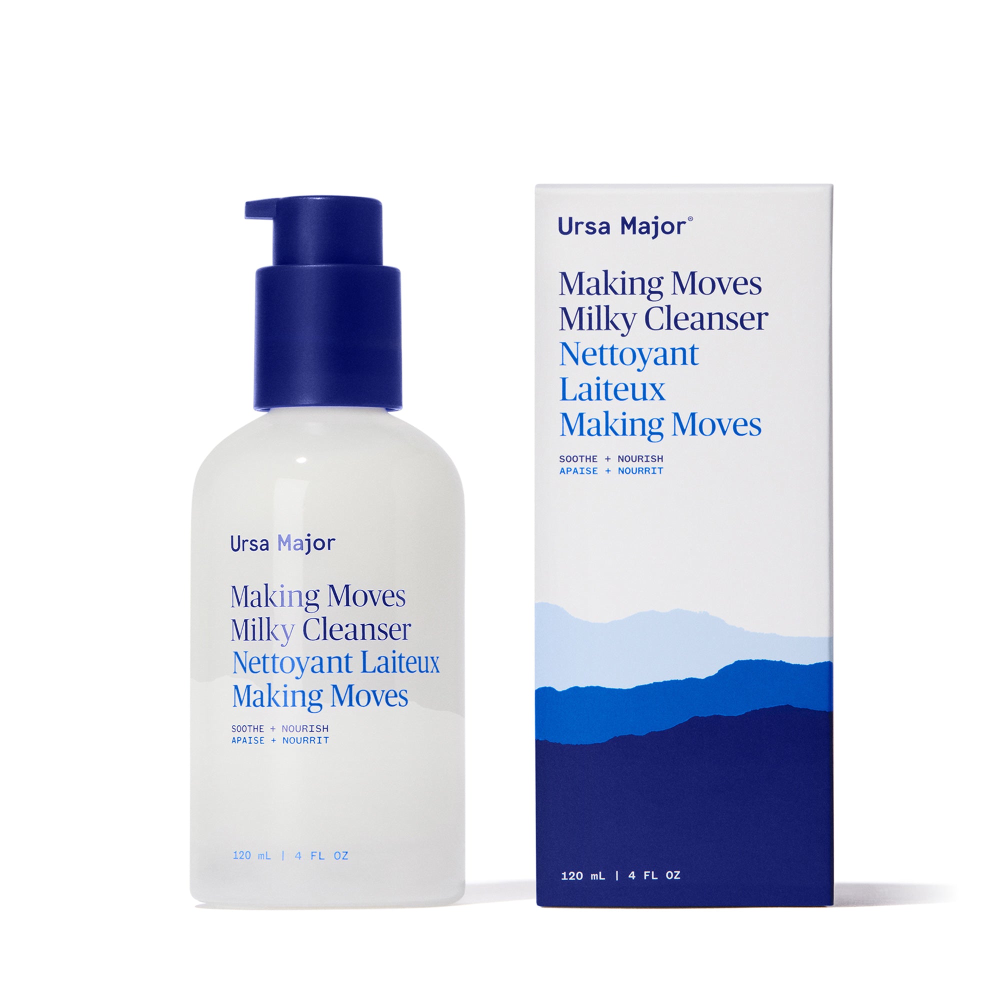 White Ursa Major Milky Cleanser bottle with blue pump and packaging on a white background