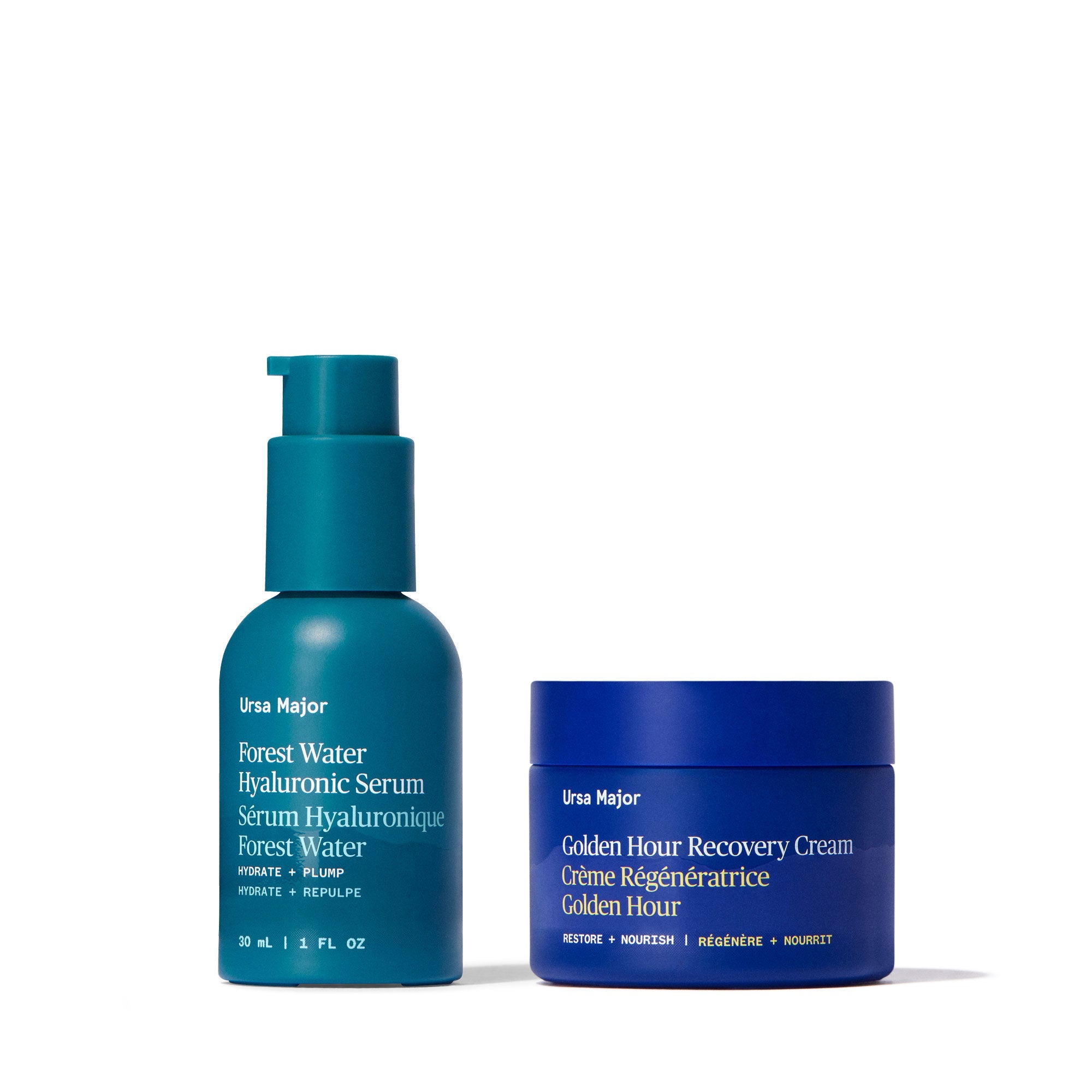 Teal bottle of Ursa Major Forest Water Hyaluronic Serum next to blue jar of Golden Hour Recovery Cream on a white background