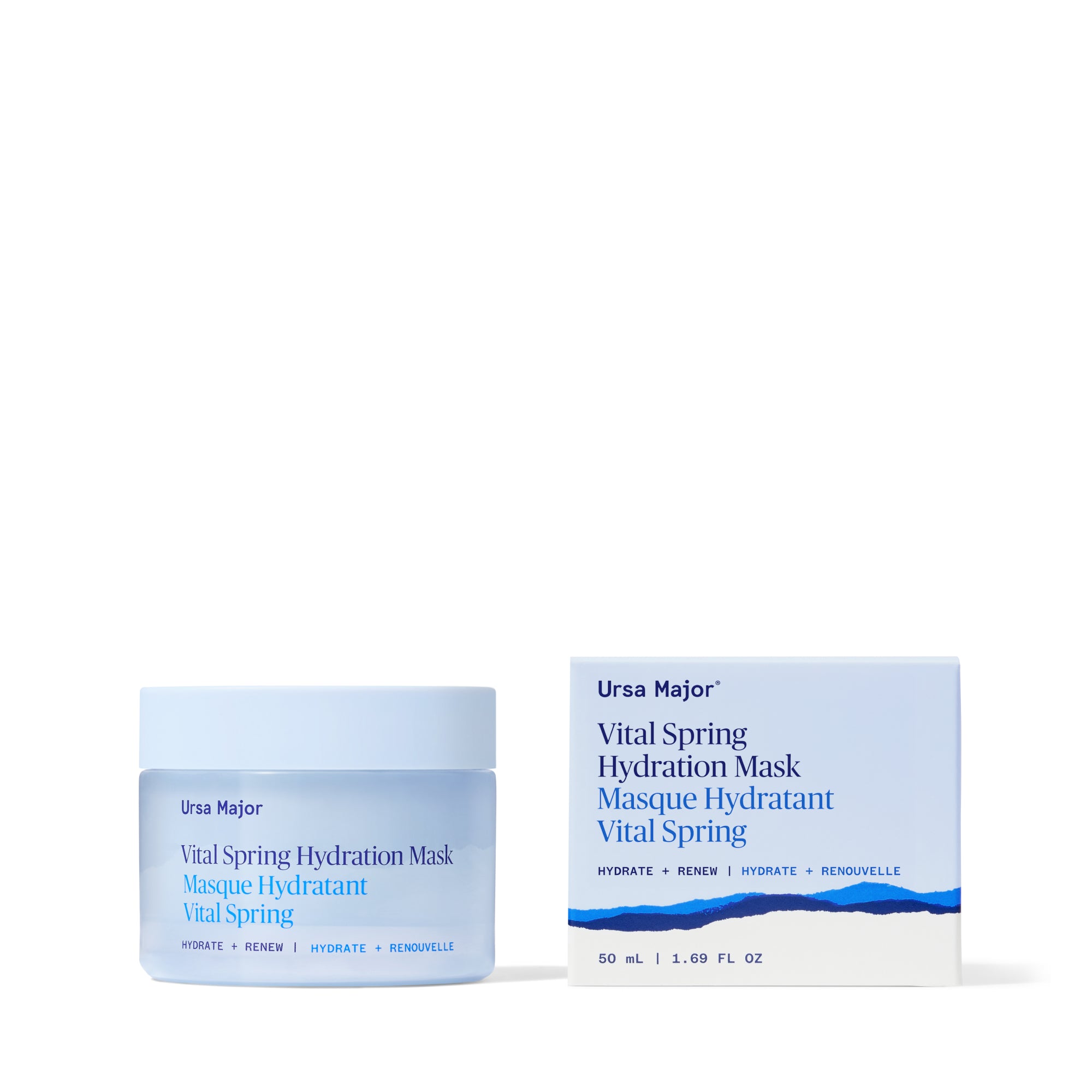 Blue jar of Ursa Major Vital Spring Hydration Mask with packaging on a white background