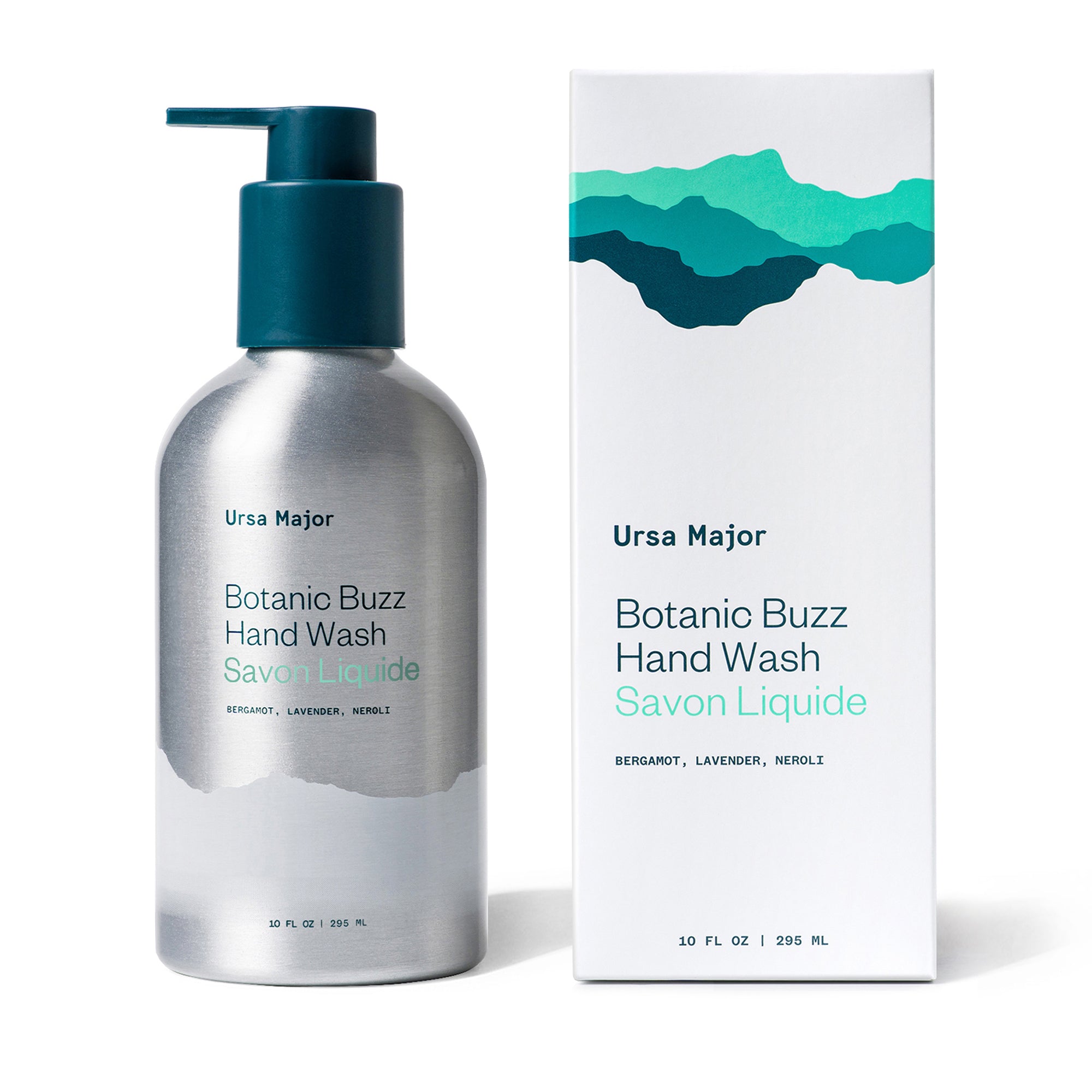 Aluminum bottle of Ursa Major Botanic Buzz Hand Wash with a green pump and packaging on a white background